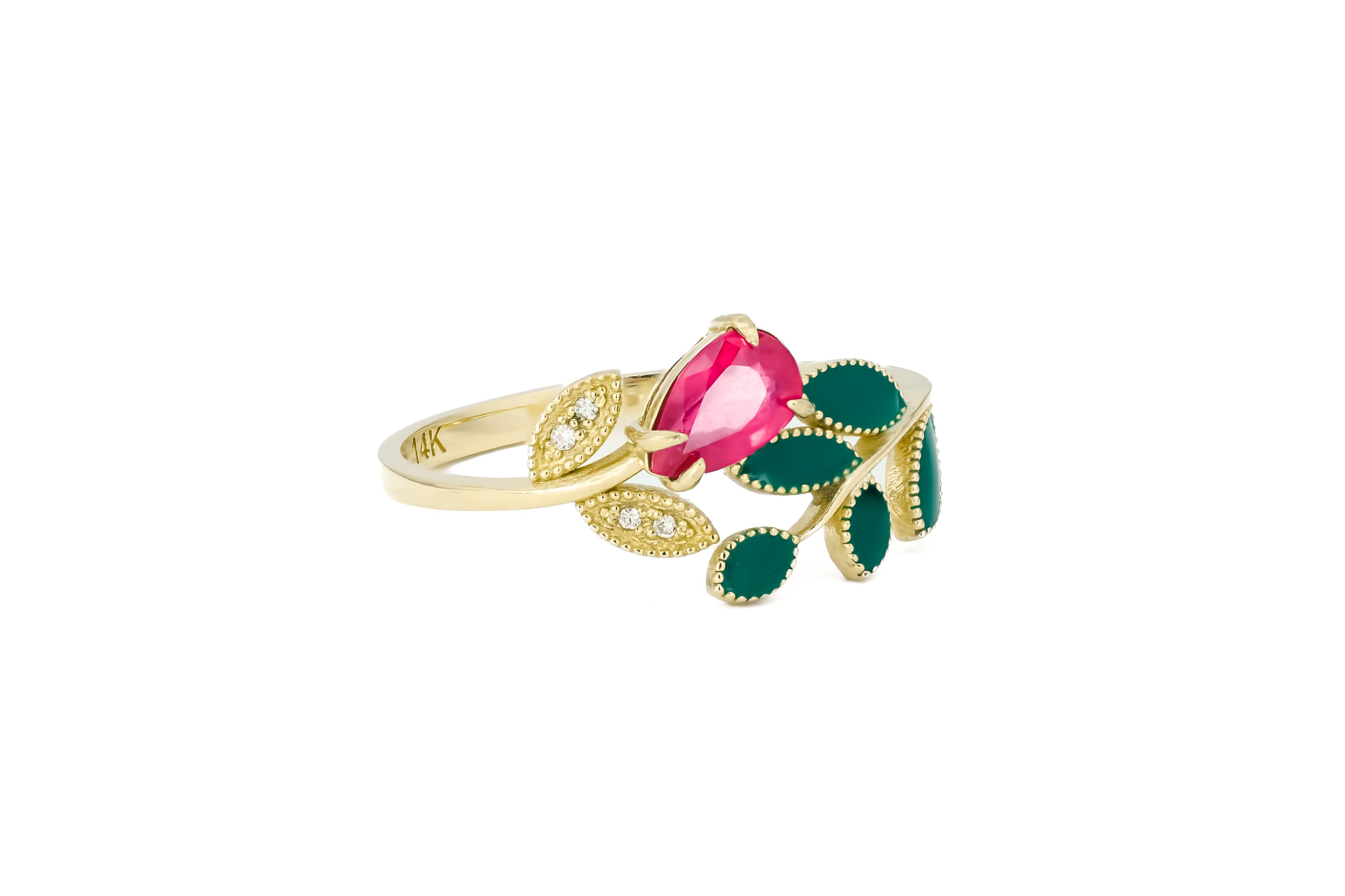 For Sale:  Enamel 14k gold ring with ruby and diamonds 3