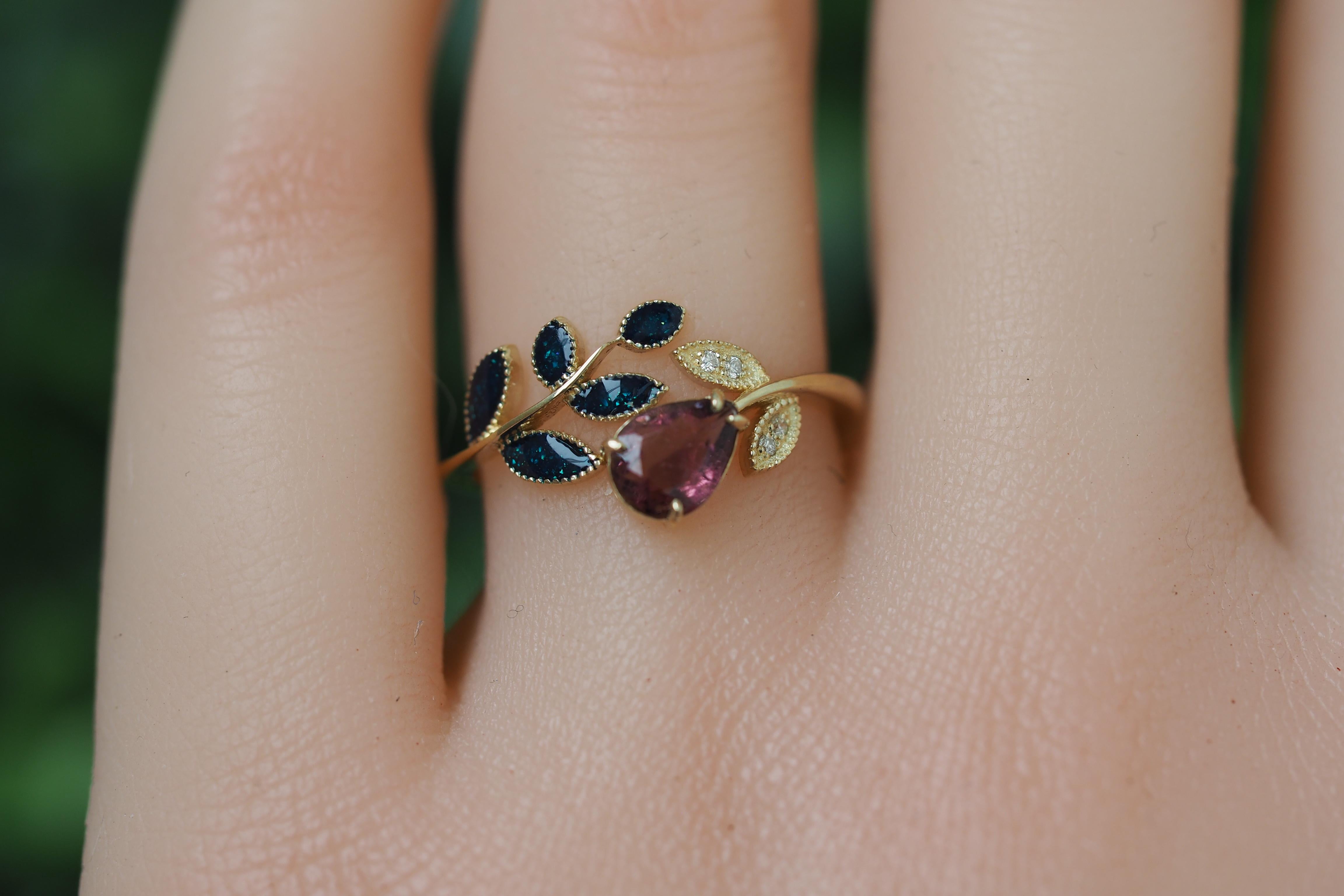 For Sale:  Enamel 14k gold ring with ruby and diamonds 15