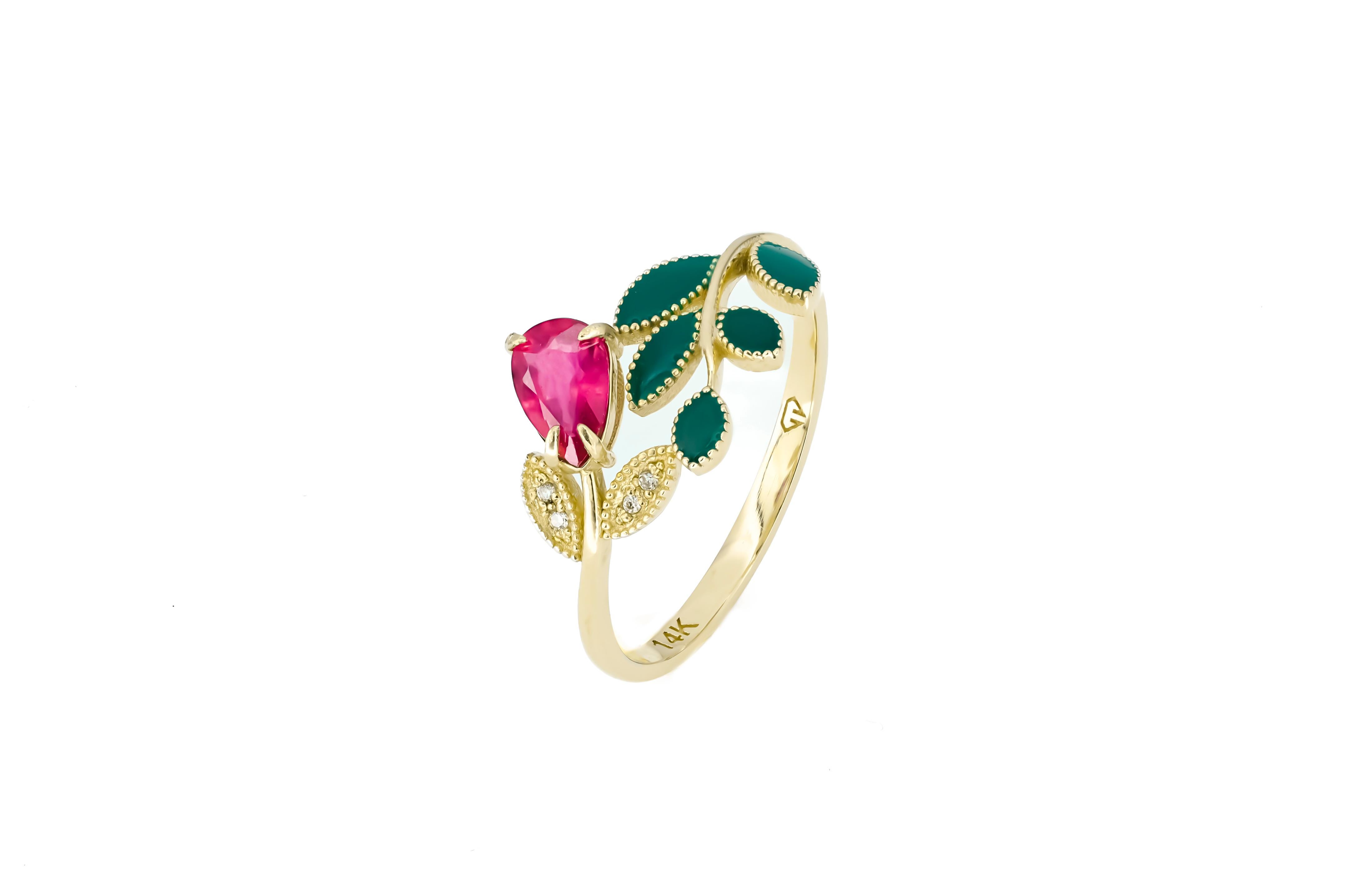 For Sale:  Enamel 14k gold ring with ruby and diamonds 6