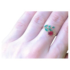 Enamel 14k gold ring with ruby and diamonds