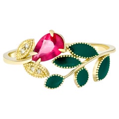Emaille-Ring aus 14 Karat Gold mit Rubin und Diamanten