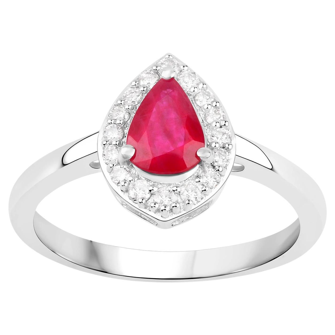 Pear Ruby Ring With Diamonds 0.92 Carats 14K White Gold For Sale