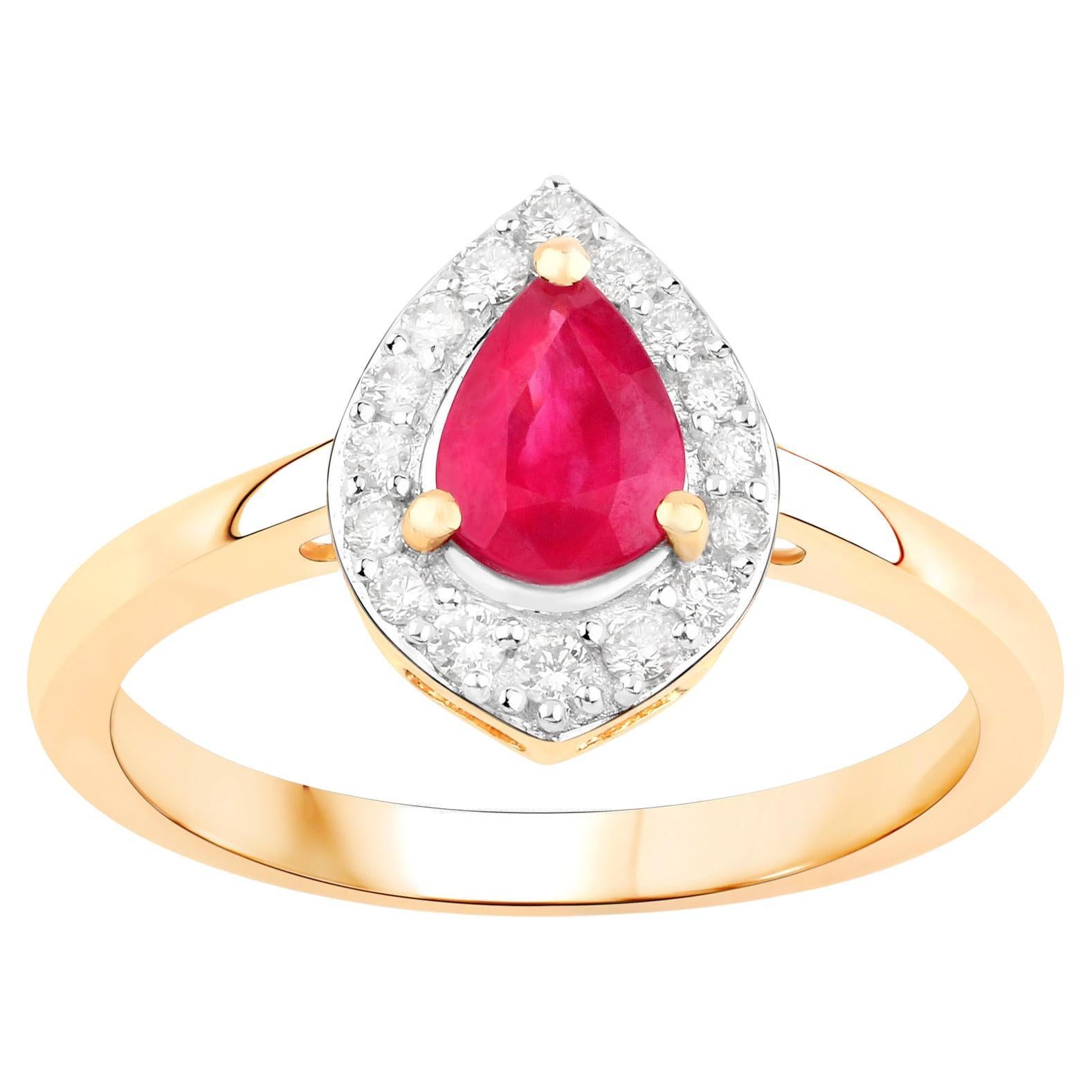 Pear Ruby Ring With Diamonds 0.92 Carats 14K Yellow Gold For Sale