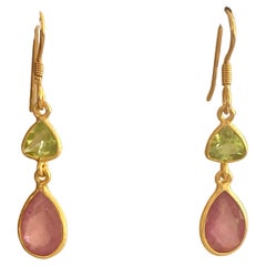 Pear Ruby & Trillion Peridot 14K French Wire Two Stone Dangle Earrings