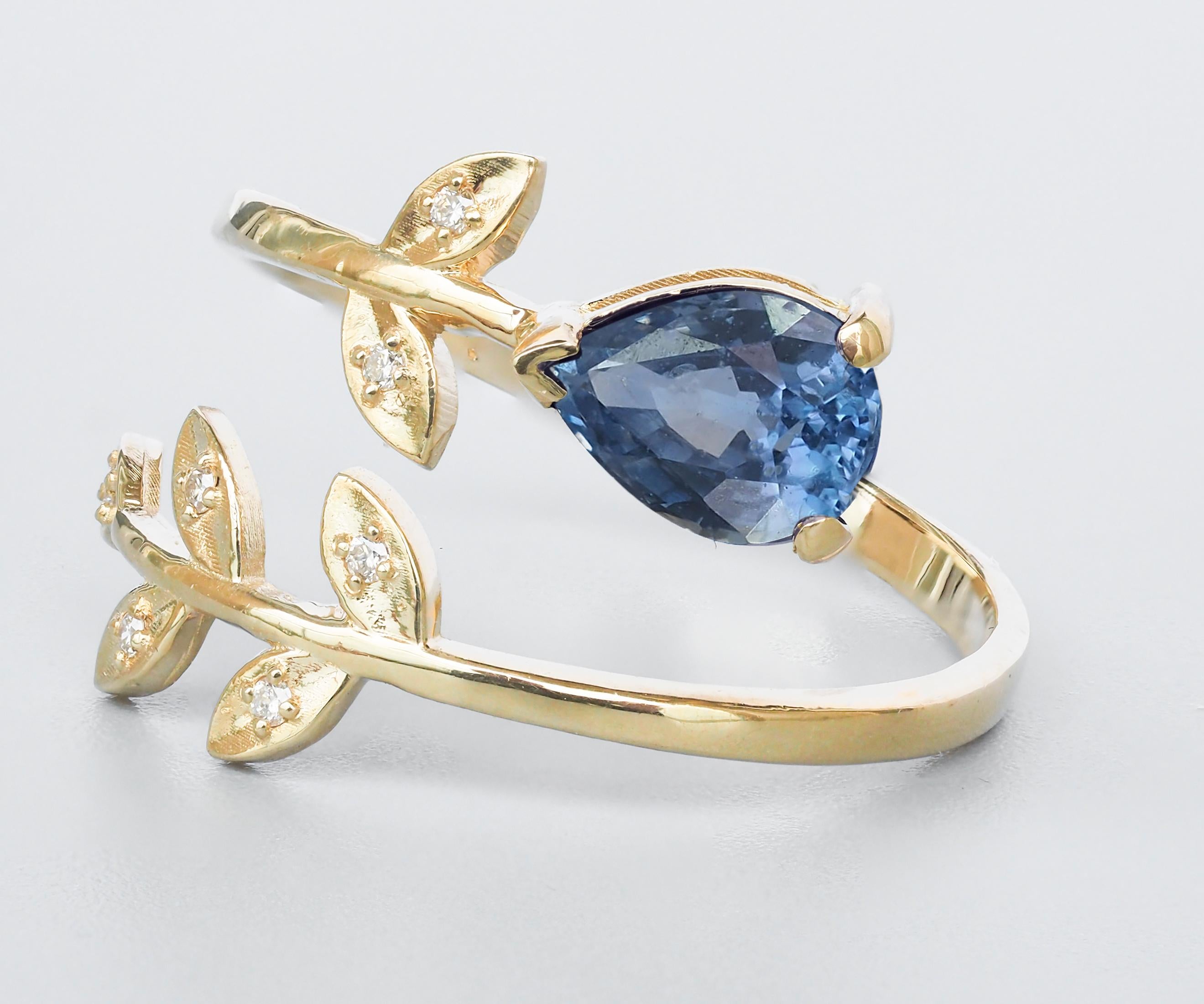 Im Angebot: Ring aus 14-karätigem Gold mit Birnensaphir. Goldring mit blauem Saphir. () 3