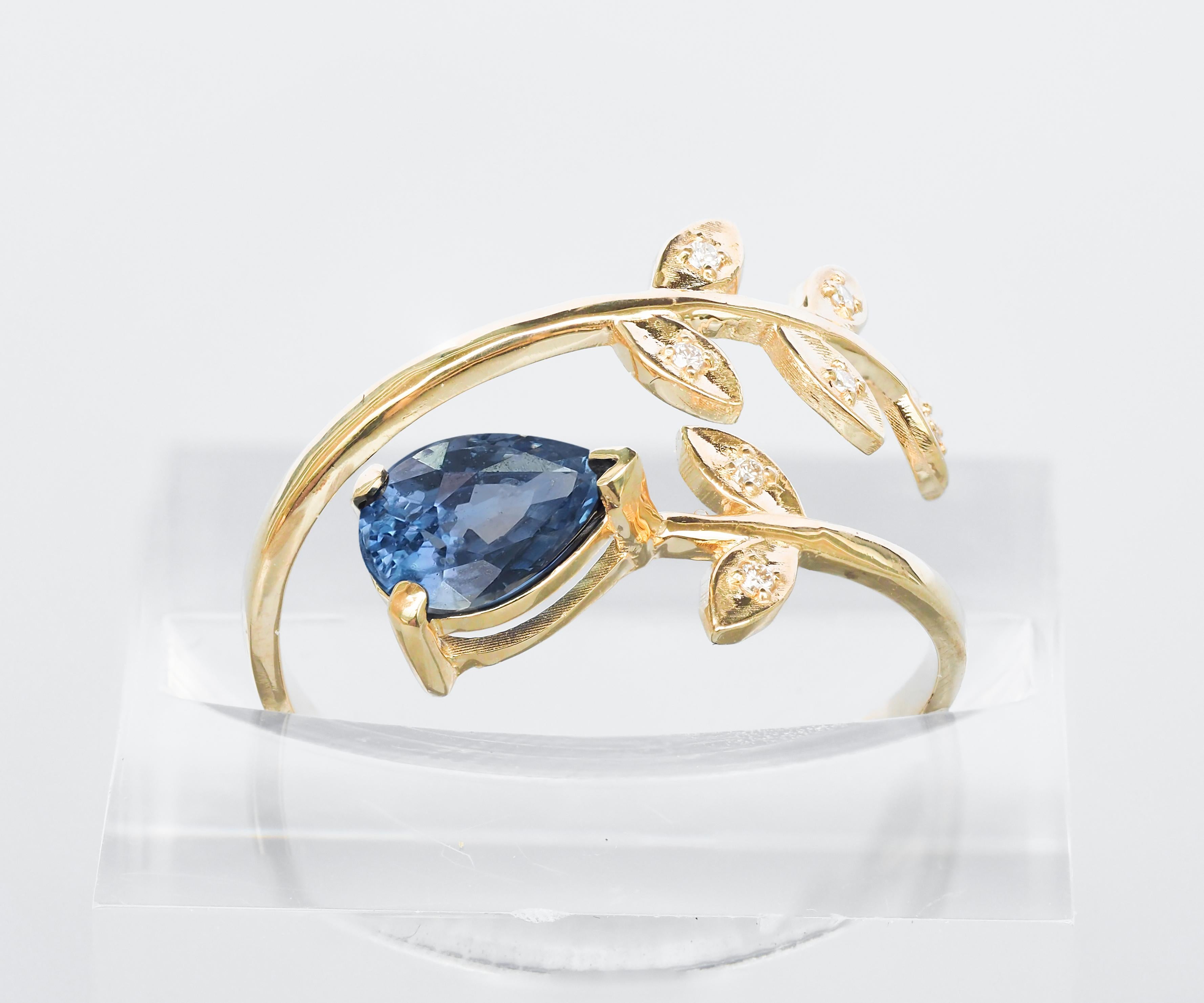 Im Angebot: Ring aus 14-karätigem Gold mit Birnensaphir. Goldring mit blauem Saphir. () 4