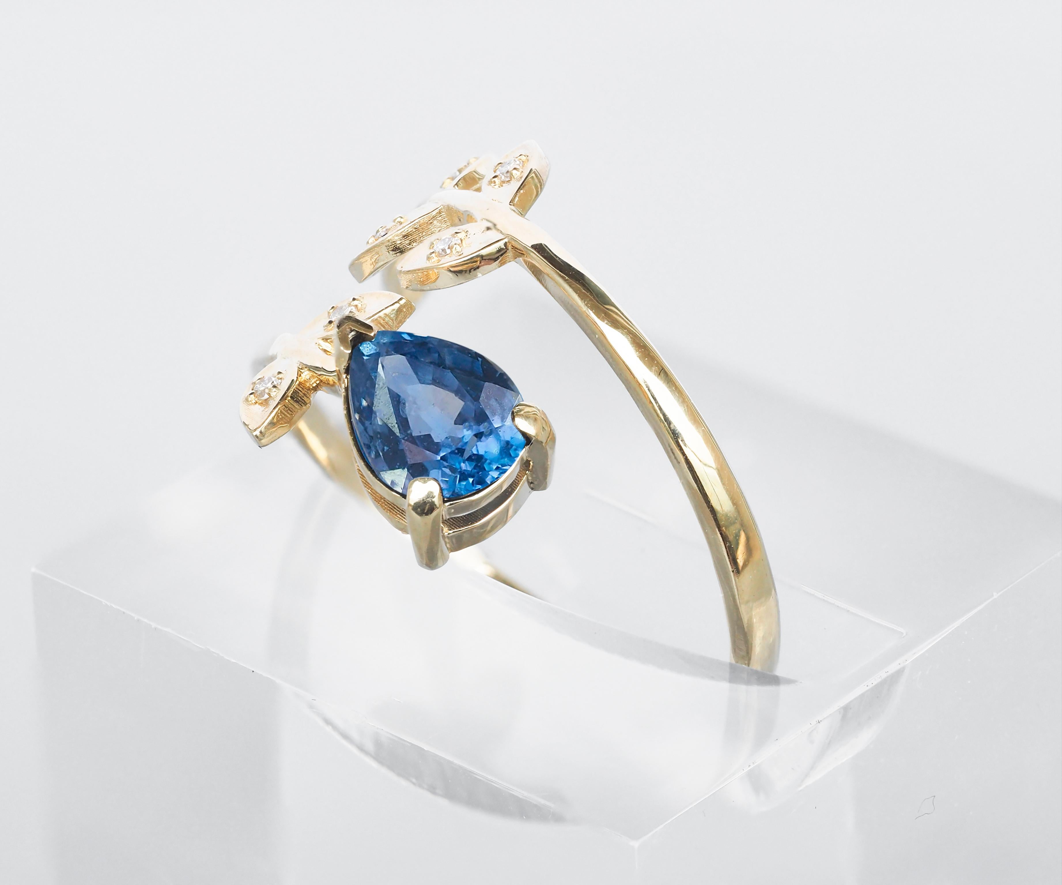 Im Angebot: Ring aus 14-karätigem Gold mit Birnensaphir. Goldring mit blauem Saphir. () 5