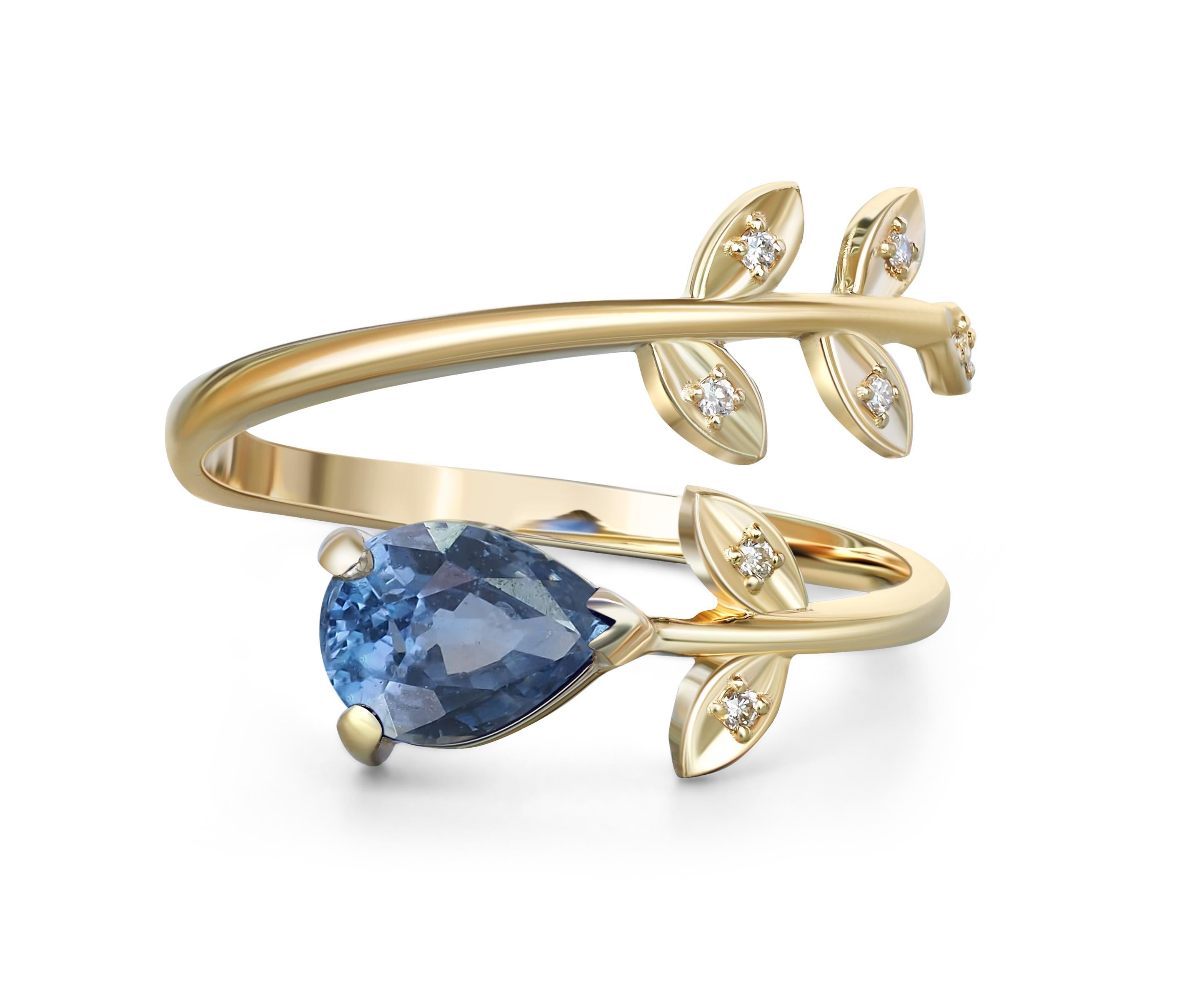 Im Angebot: Ring aus 14-karätigem Gold mit Birnensaphir. Goldring mit blauem Saphir. () 7
