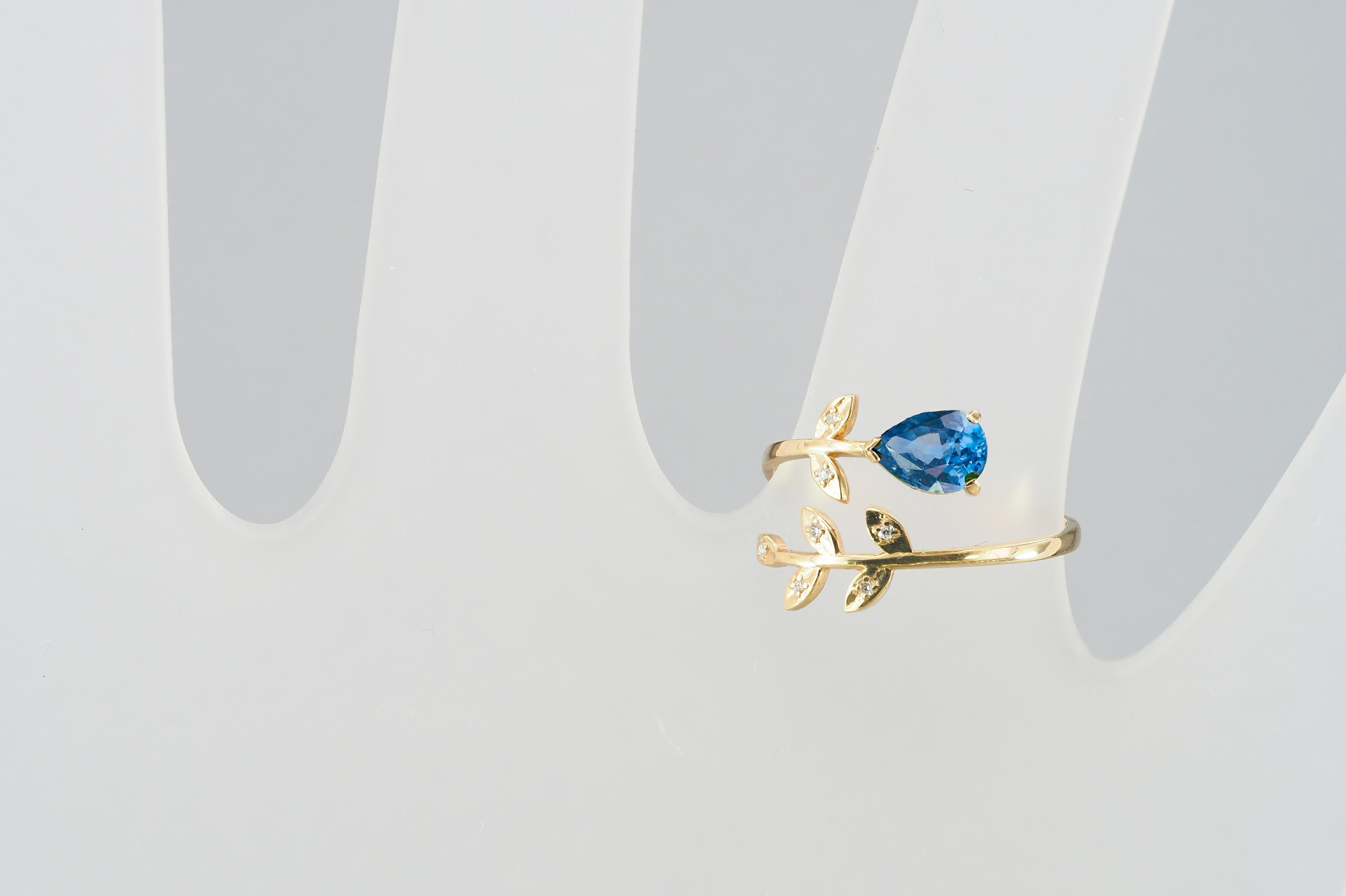 For Sale:  Pear Sapphire 14k Gold Ring, Blue Sapphire Gold Ring 8