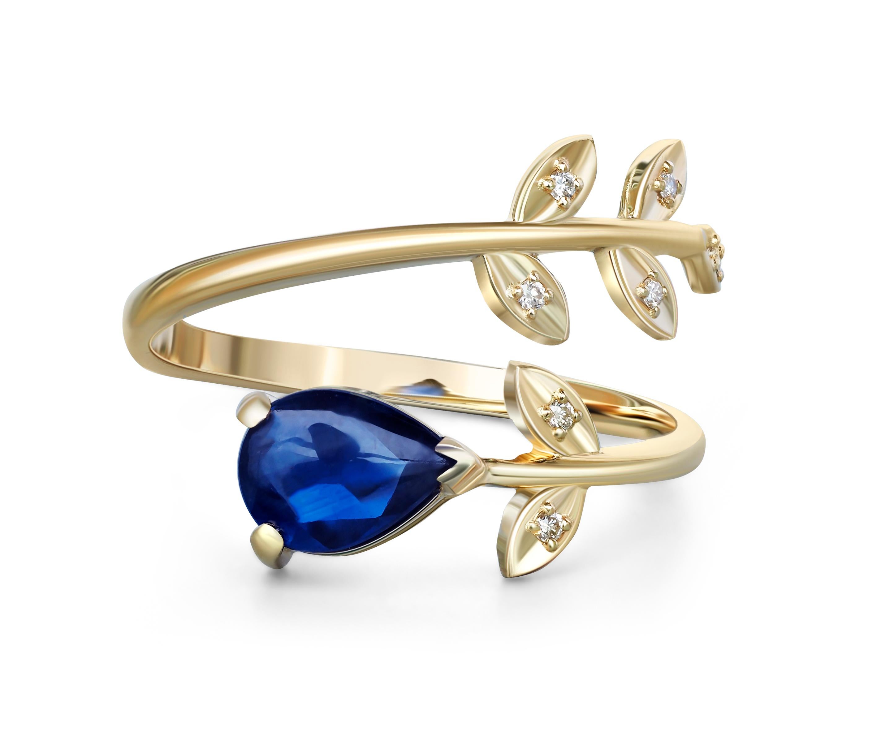 Pear sapphire 14k gold ring. 
Blue sapphire gold ring. Genuine sapphire ring. Gold leaves ring. Floral gold ring. Delicate gold ring.

Weight: 2 g. depends from size.
Metal: 14k gold.
 
Set with sapphire
Pear shape, approx 0.8 ct, blue