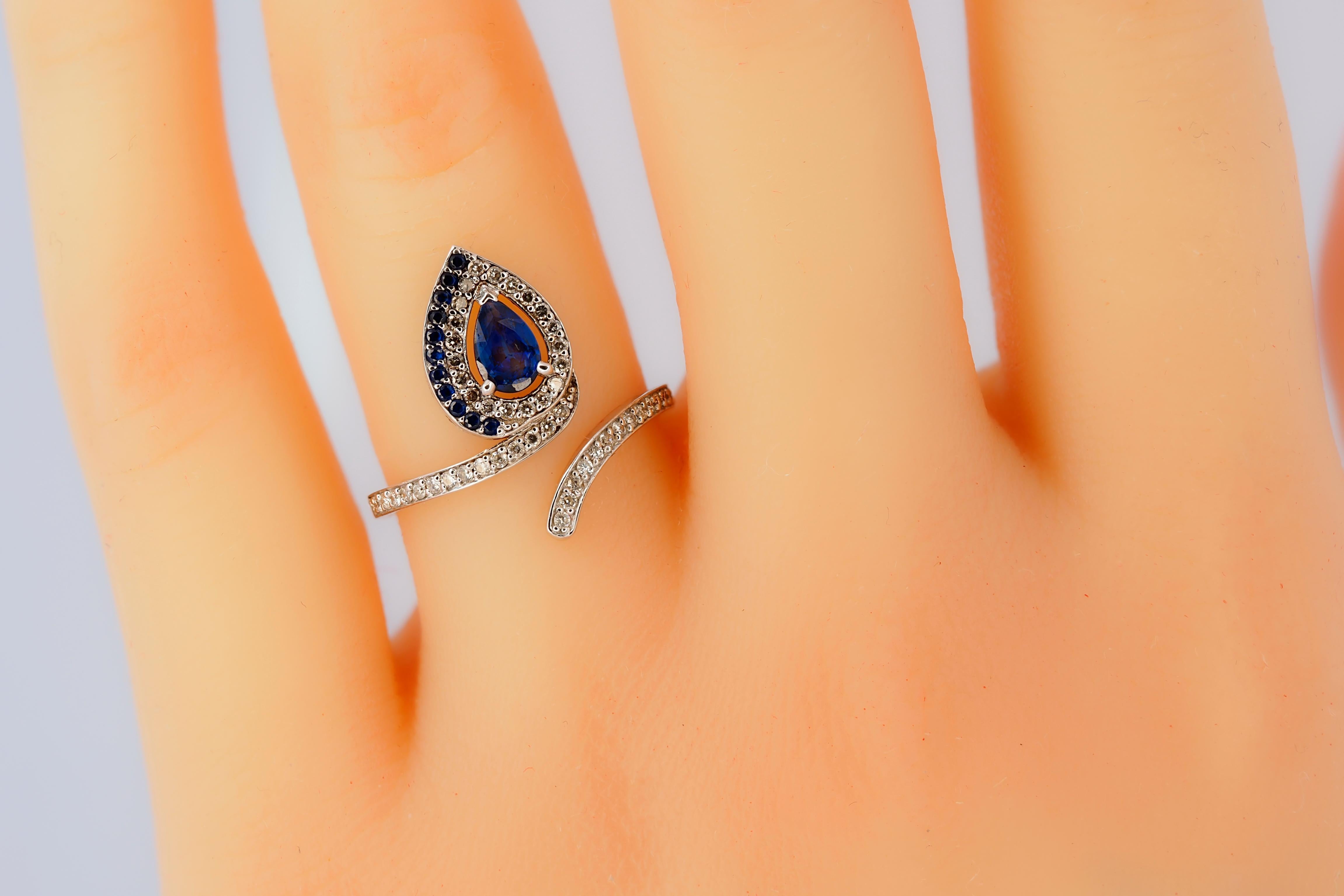 For Sale:  Pear sapphire and diamonds serpenti 14k gold ring 4
