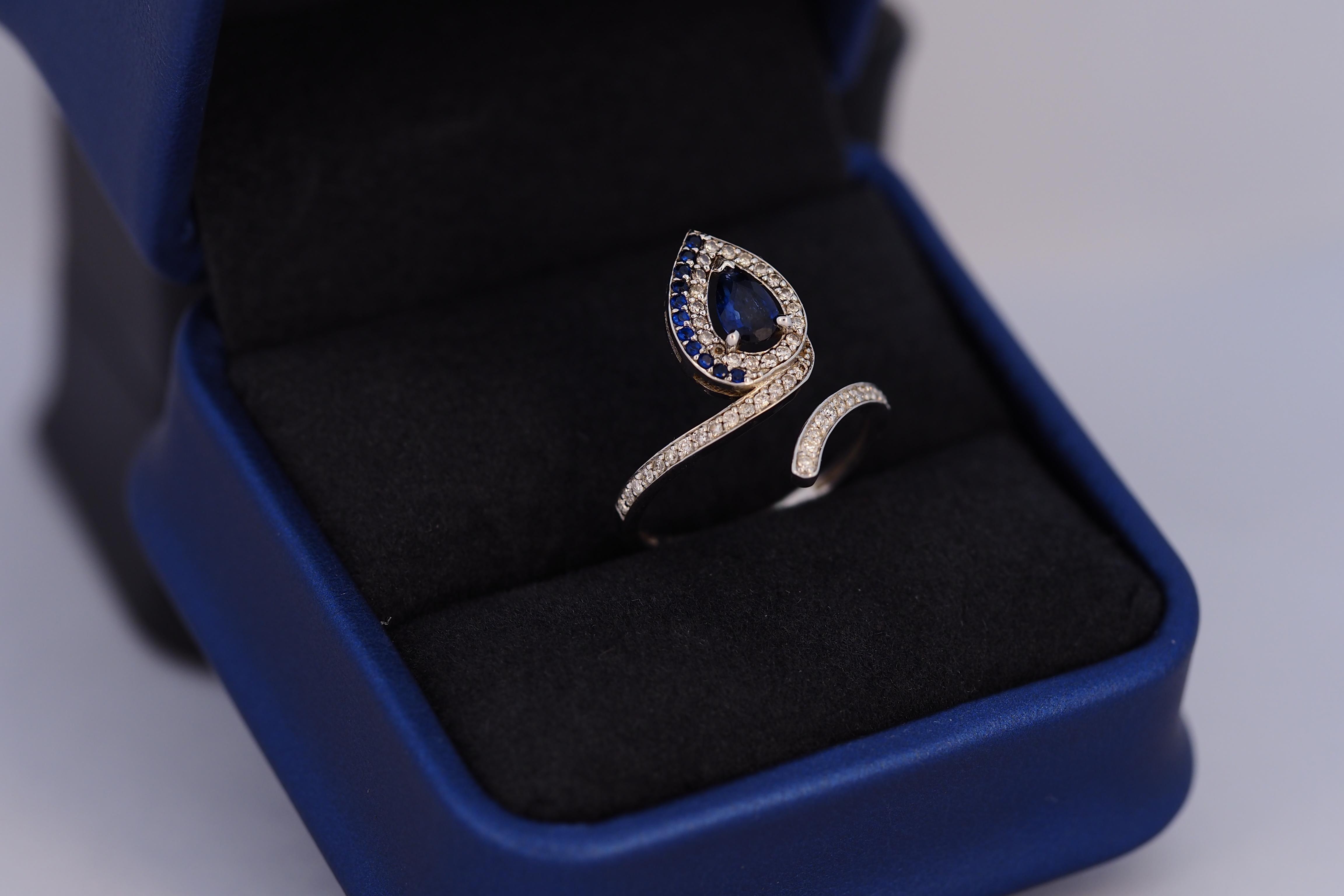 For Sale:  Pear sapphire and diamonds serpenti 14k gold ring 8