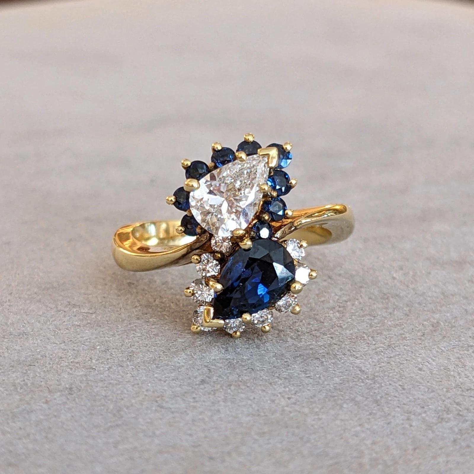 Anello bypass con zaffiro e diamante perlato in oro giallo 18 carati In condizioni ottime in vendita a La Jolla, CA