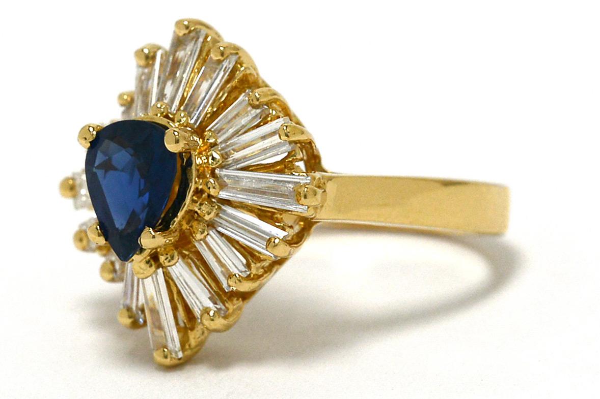 Modern Pear Sapphire Baguette Diamond Cluster Gold Ballerina Ring Statement Jewelry