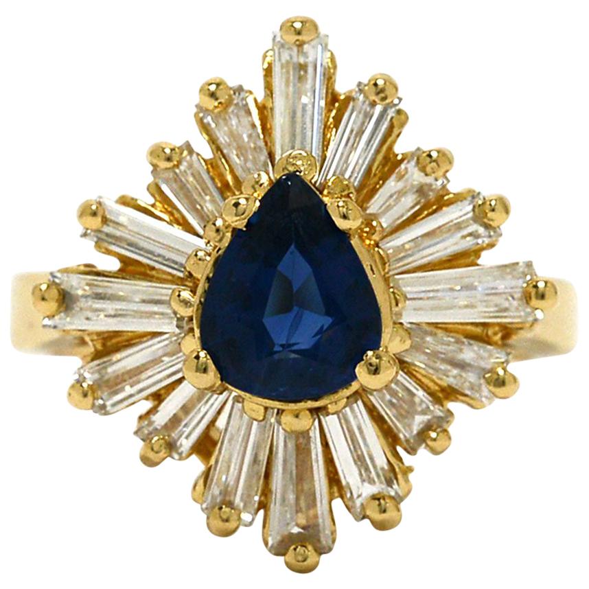 Pear Sapphire Baguette Diamond Cluster Gold Ballerina Ring Statement Jewelry
