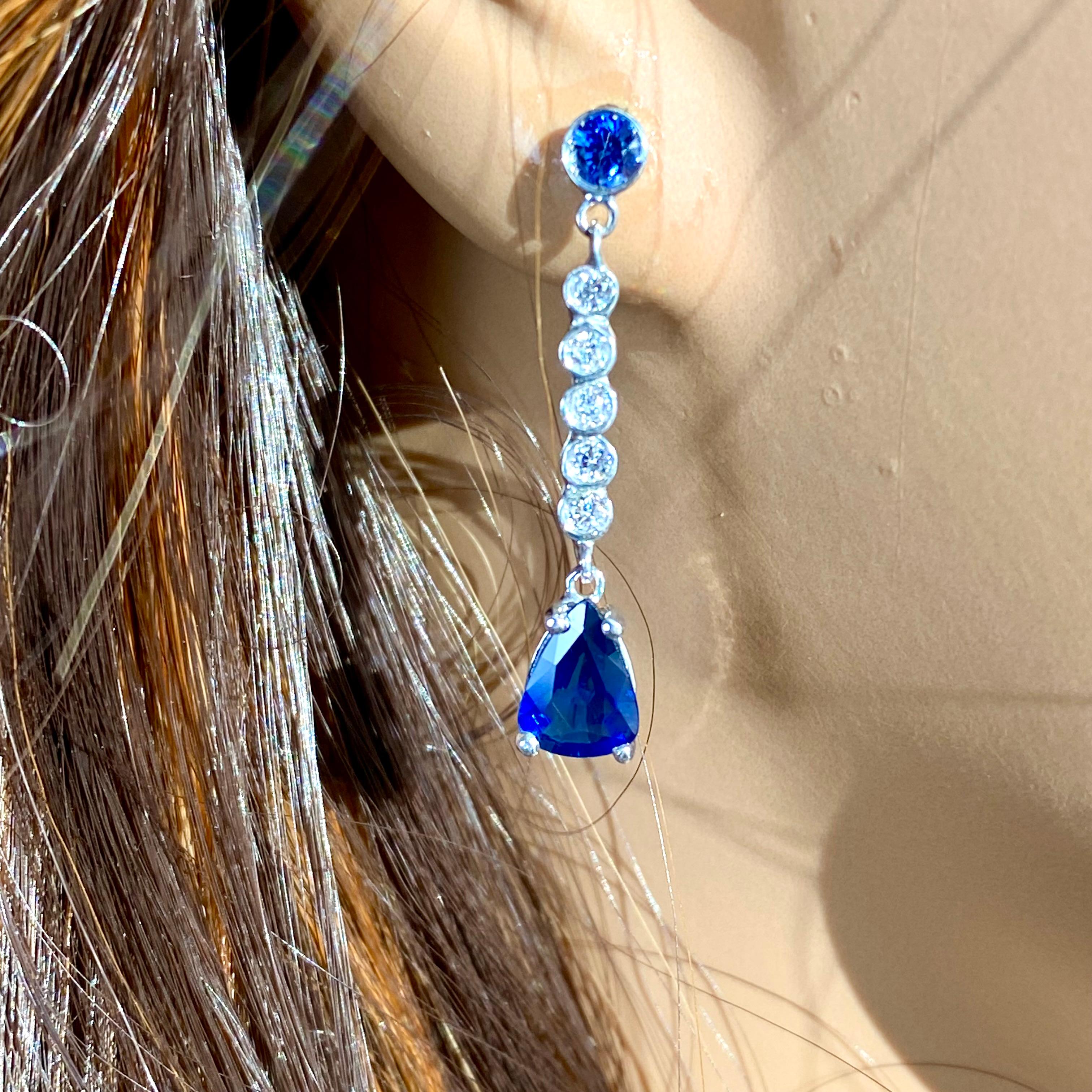 Pear Sapphire Diamond 2.46 Carat 1 Inch Long Dangle White Gold Earrings For Sale 6
