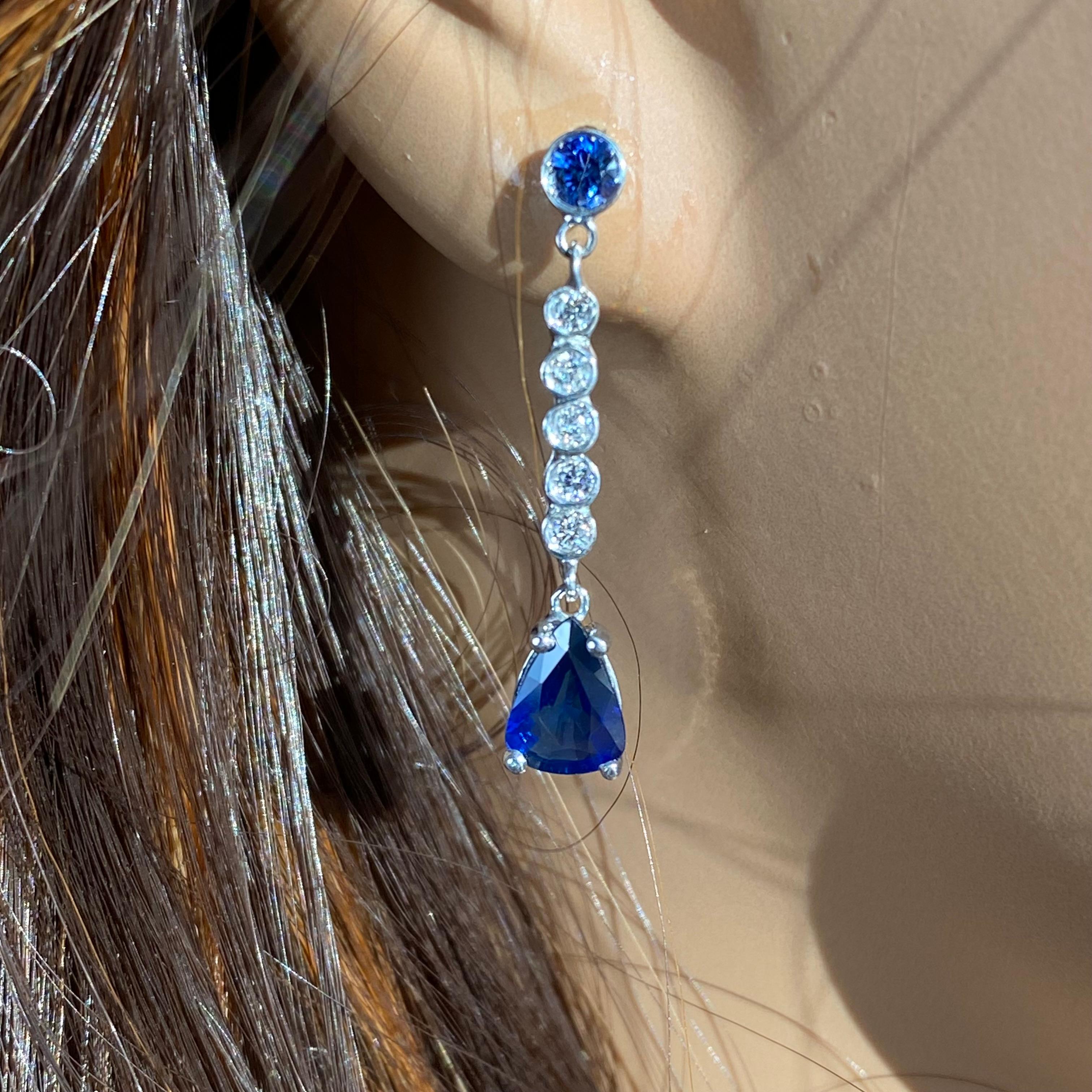 Pear Sapphire Diamond 2.46 Carat 1 Inch Long Dangle White Gold Earrings For Sale 7