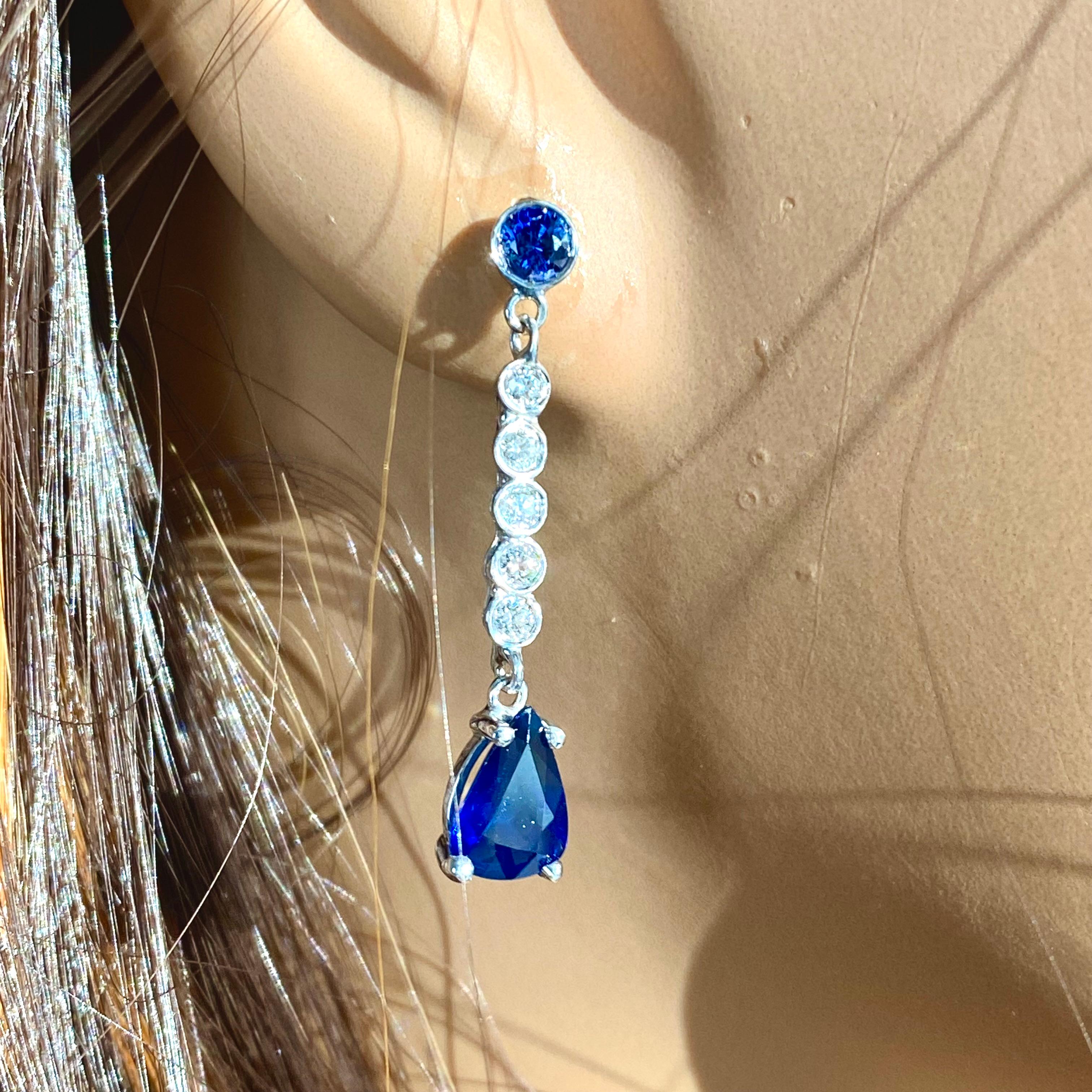 Pear Cut Pear Sapphire Diamond 2.46 Carat 1 Inch Long Dangle White Gold Earrings For Sale