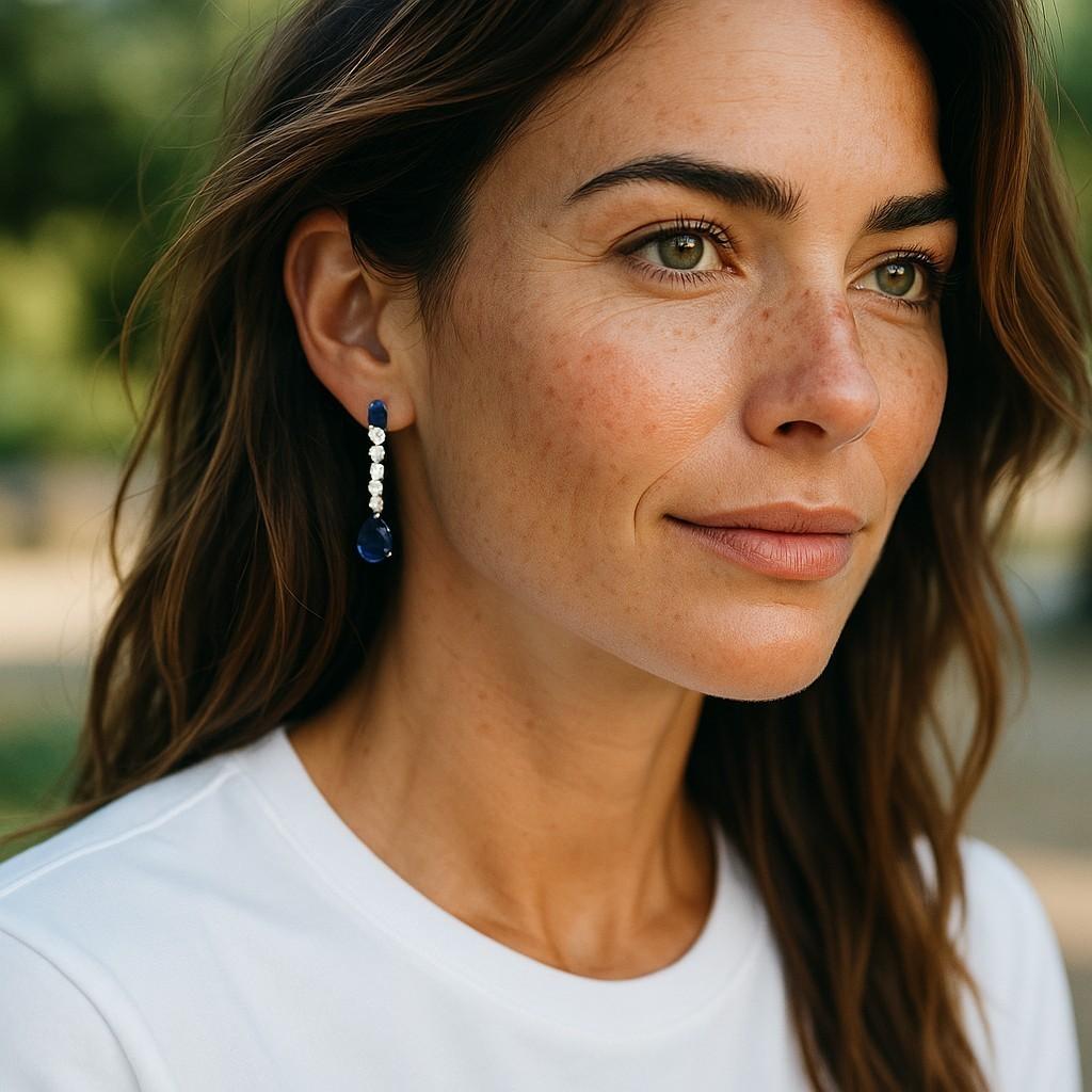 Introducing our stunning Pear Sapphire Diamond Dangle Earrings, 14 Karat White Gold, an exquisite combination of elegance and sophistication. These earrings are meticulously crafted to captivate your senses and make a statement. Here's a detailed