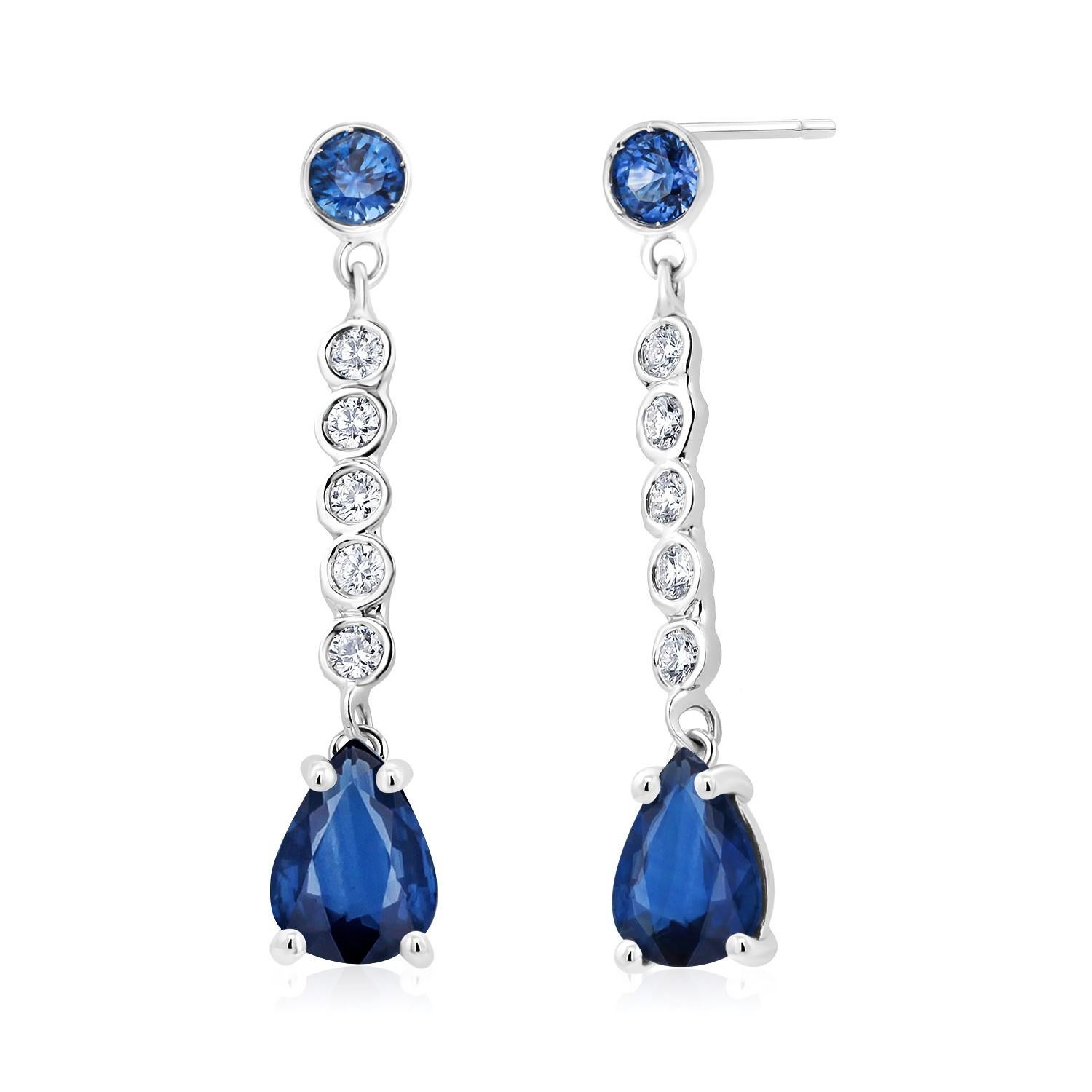 Pear Sapphire Diamond 2.46 Carat 1 Inch Long Dangle White Gold Earrings For Sale 1