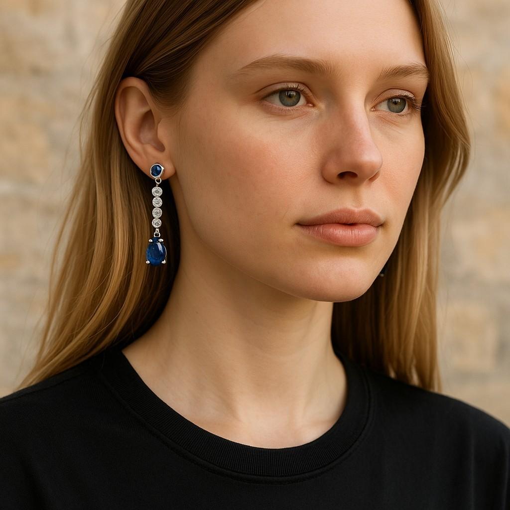 Pear Sapphire Diamond 2.46 Carat 1 Inch Long Dangle White Gold Earrings In New Condition In New York, NY
