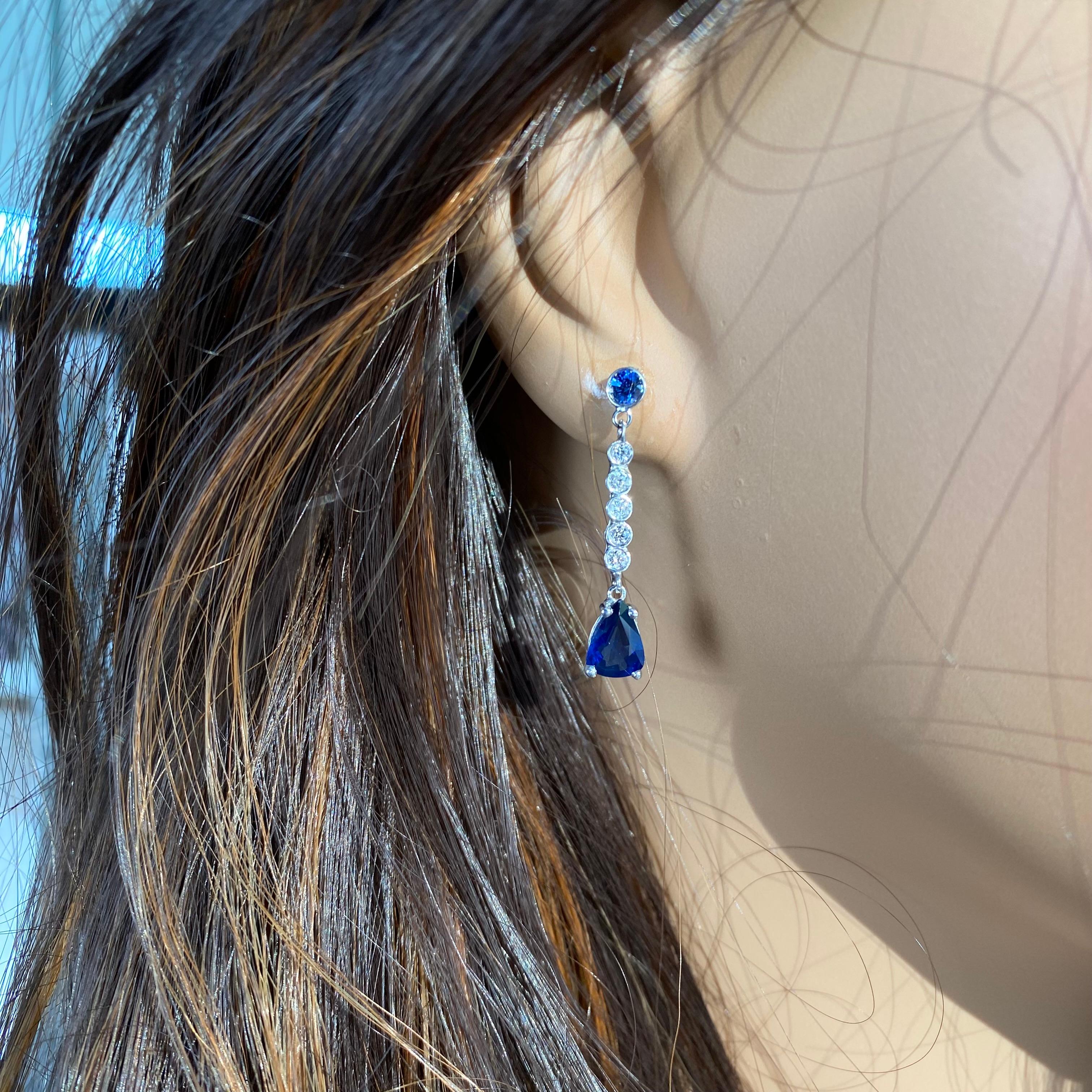 Pear Sapphire Diamond 2.46 Carat 1 Inch Long Dangle White Gold Earrings For Sale 3