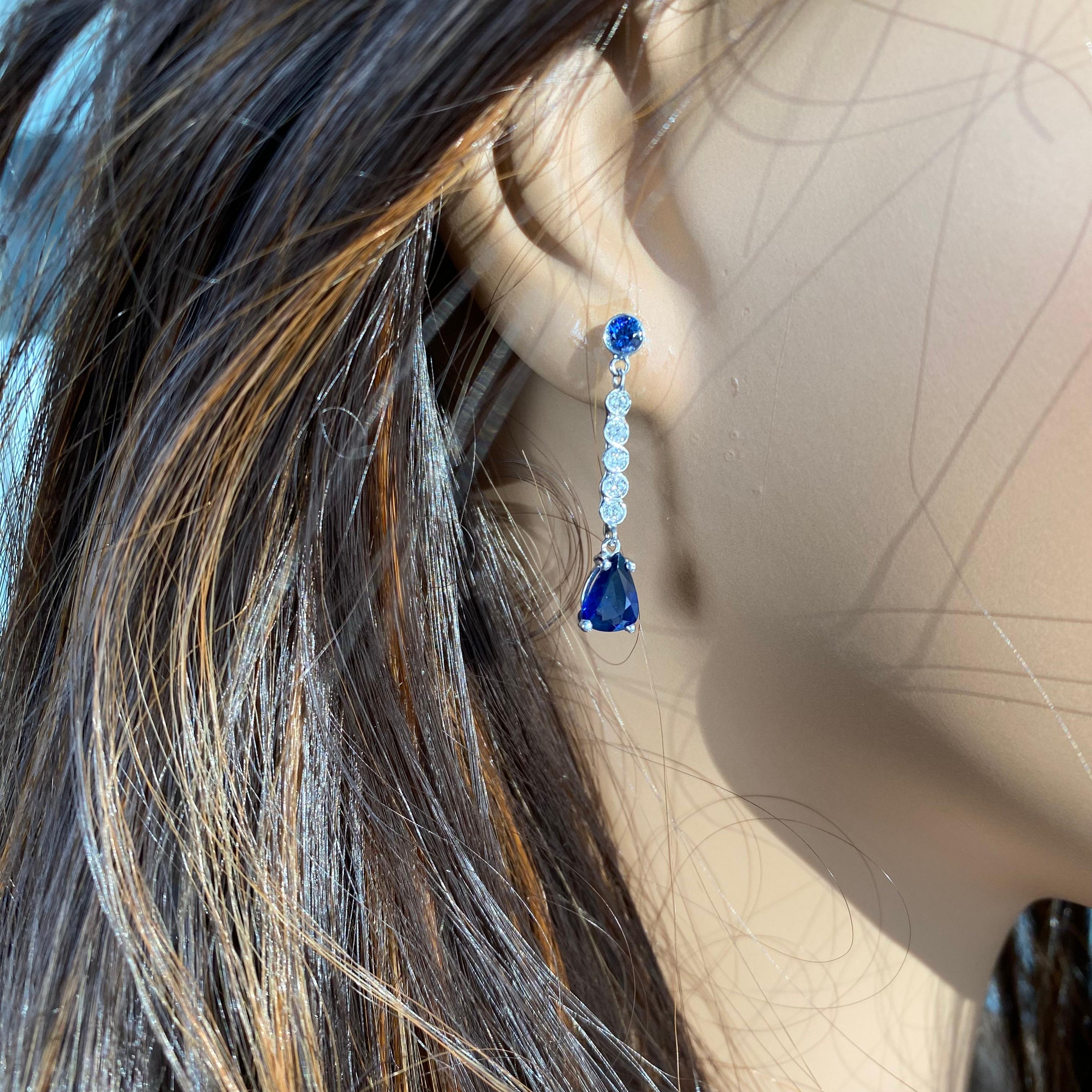 Pear Sapphire Diamond 2.46 Carat 1 Inch Long Dangle White Gold Earrings For Sale 5