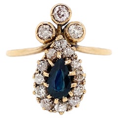 Pear Sapphire & Diamond Halo 18 Carat Yellow Gold Coronet Cluster Ring, c.1890s