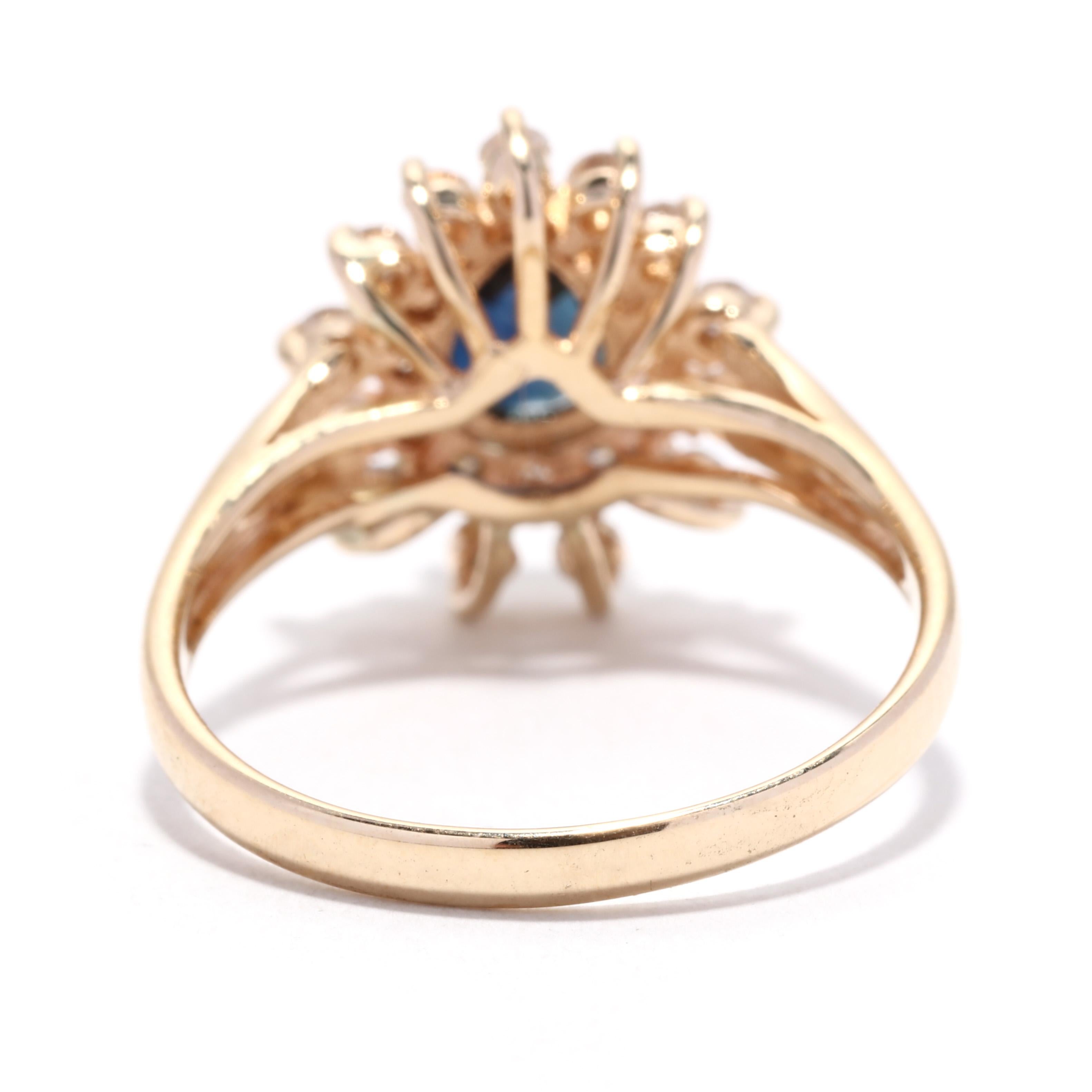 Pear Cut Pear Sapphire Diamond Halo Ring, 14K Yellow Gold, Diamond Cluster Ring For Sale
