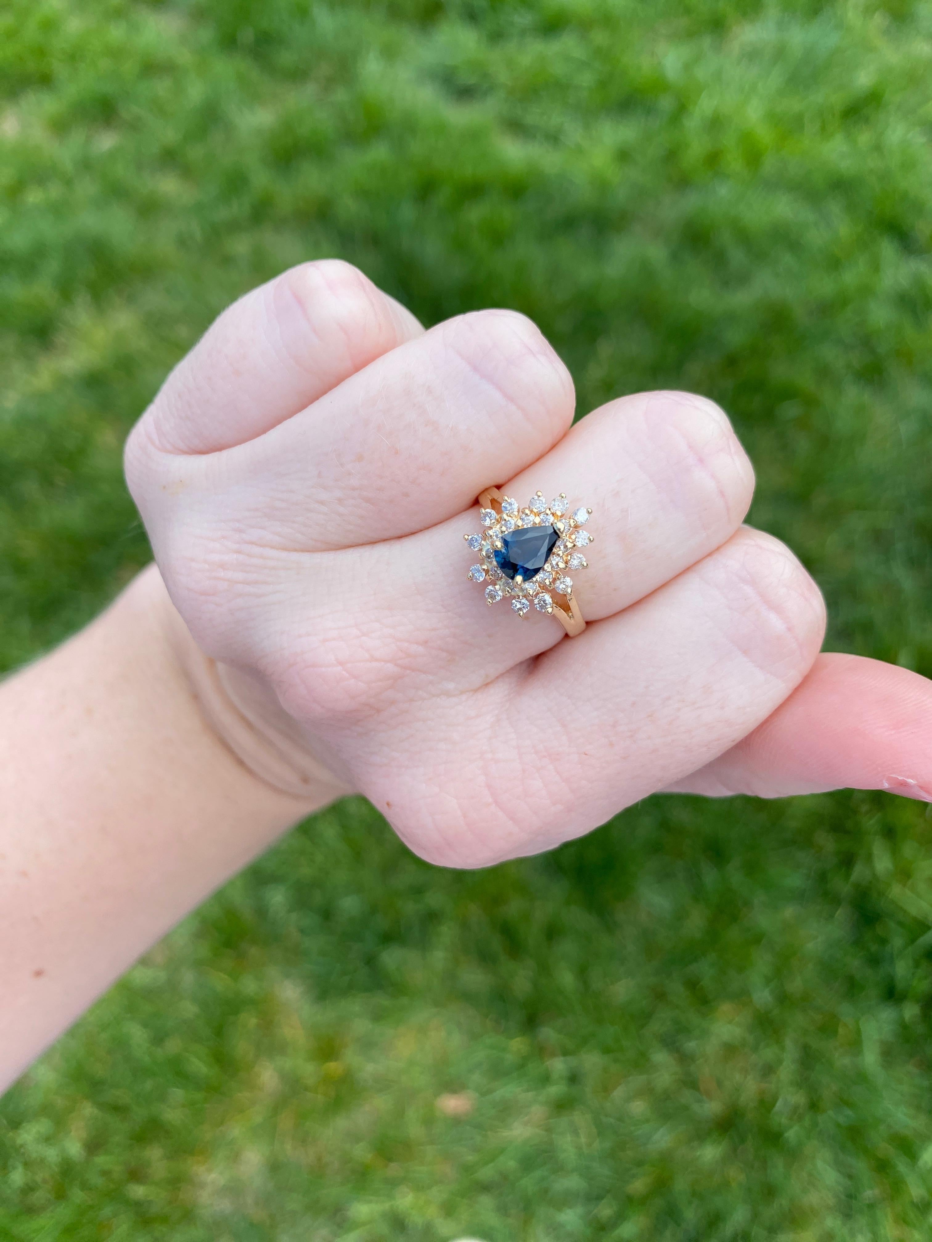 Pear Sapphire Diamond Halo Ring, 14K Yellow Gold, Diamond Cluster Ring For Sale 2
