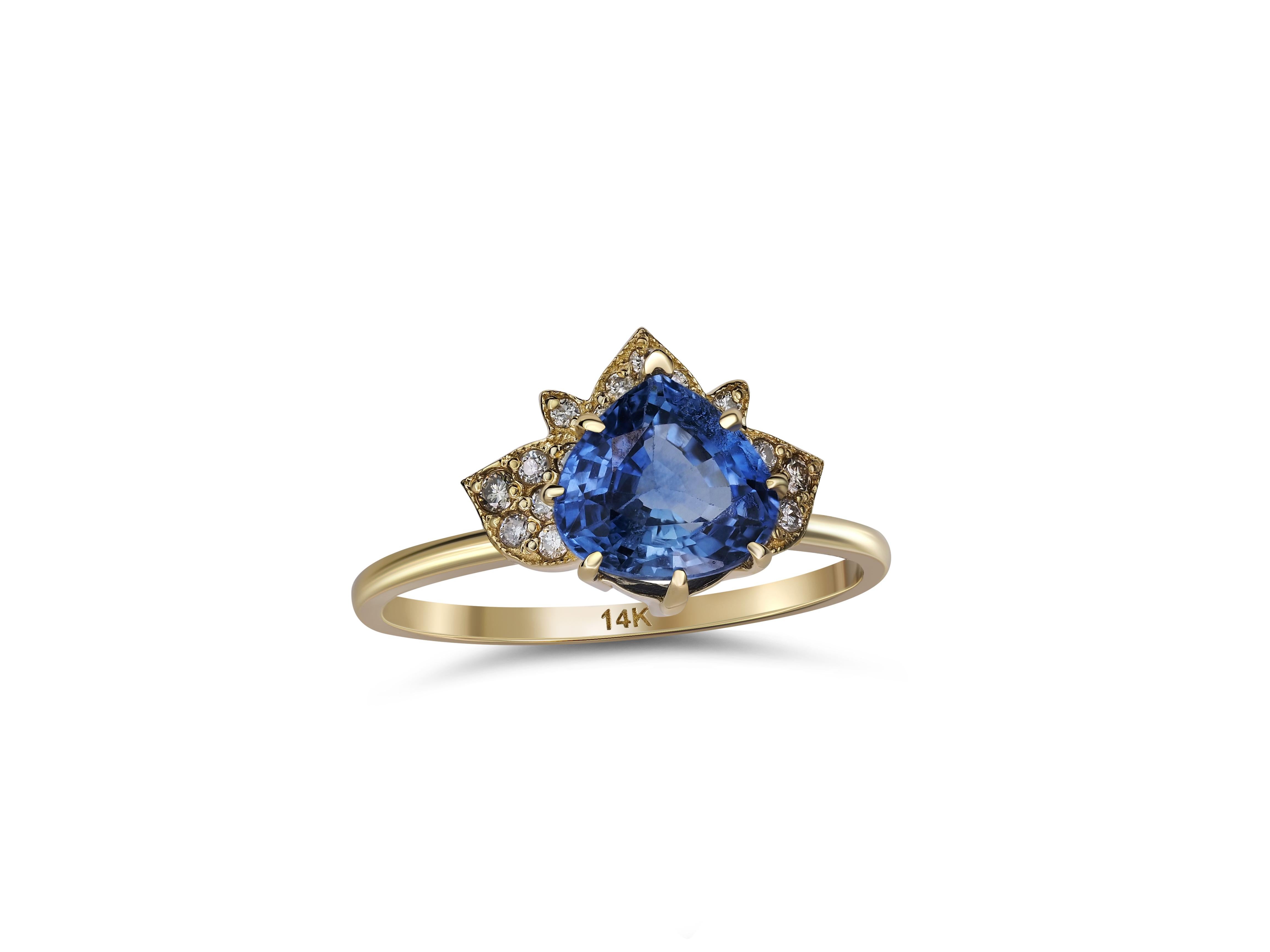 14 karat gold sapphire and diamonds ring. IGI certified. Lotus design ring.

14 karat yellow gold
Ring size: 17mm
Total weight: 2.2 g

Set with sapphire, color - blue
pear cut, 1.79 ct.
Clarity: Transparent
Origin: Shri Lanka confirmed in