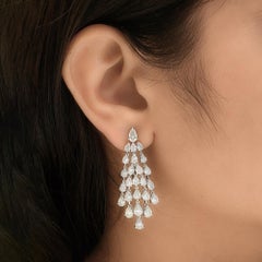 Pear Shape 11.02 Carat Natural Diamond Long Chandelier Earrings 14k White Gold