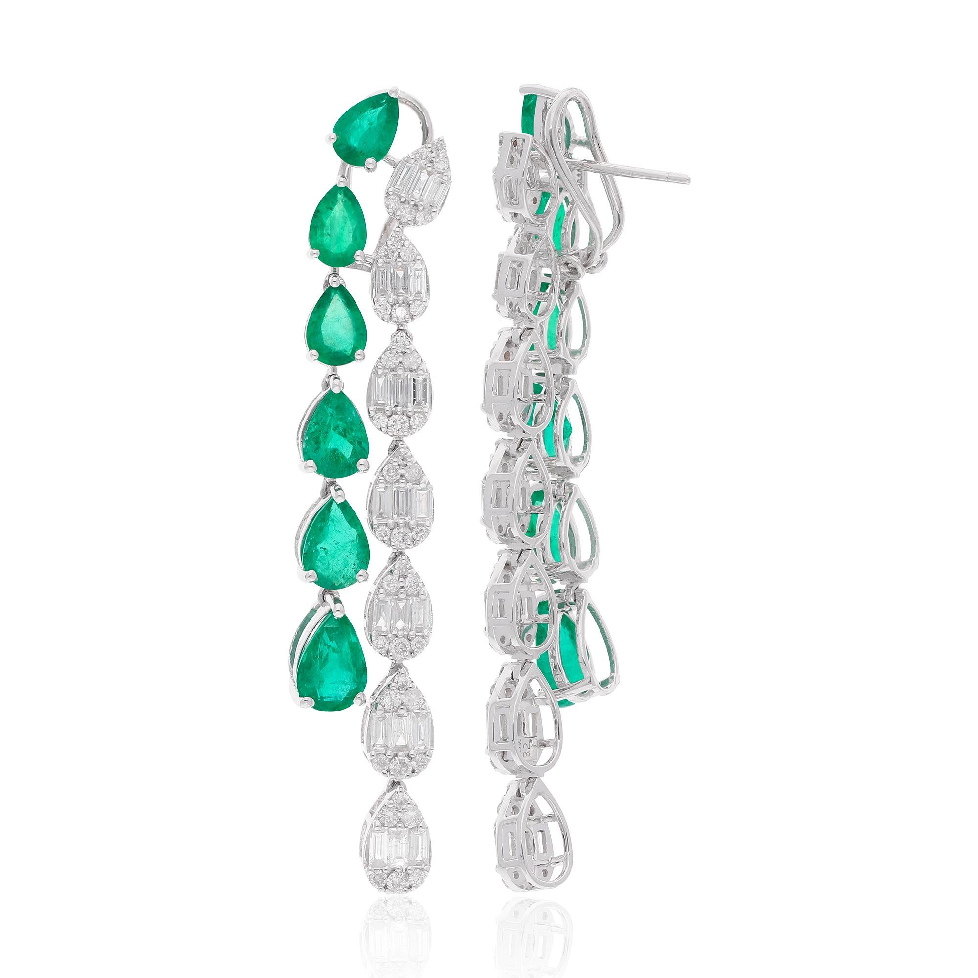 Women's Pear Shape 13.06Tcw Zambian Emerald Diamond Dangle Drop Earrings 14K White Gold For Sale