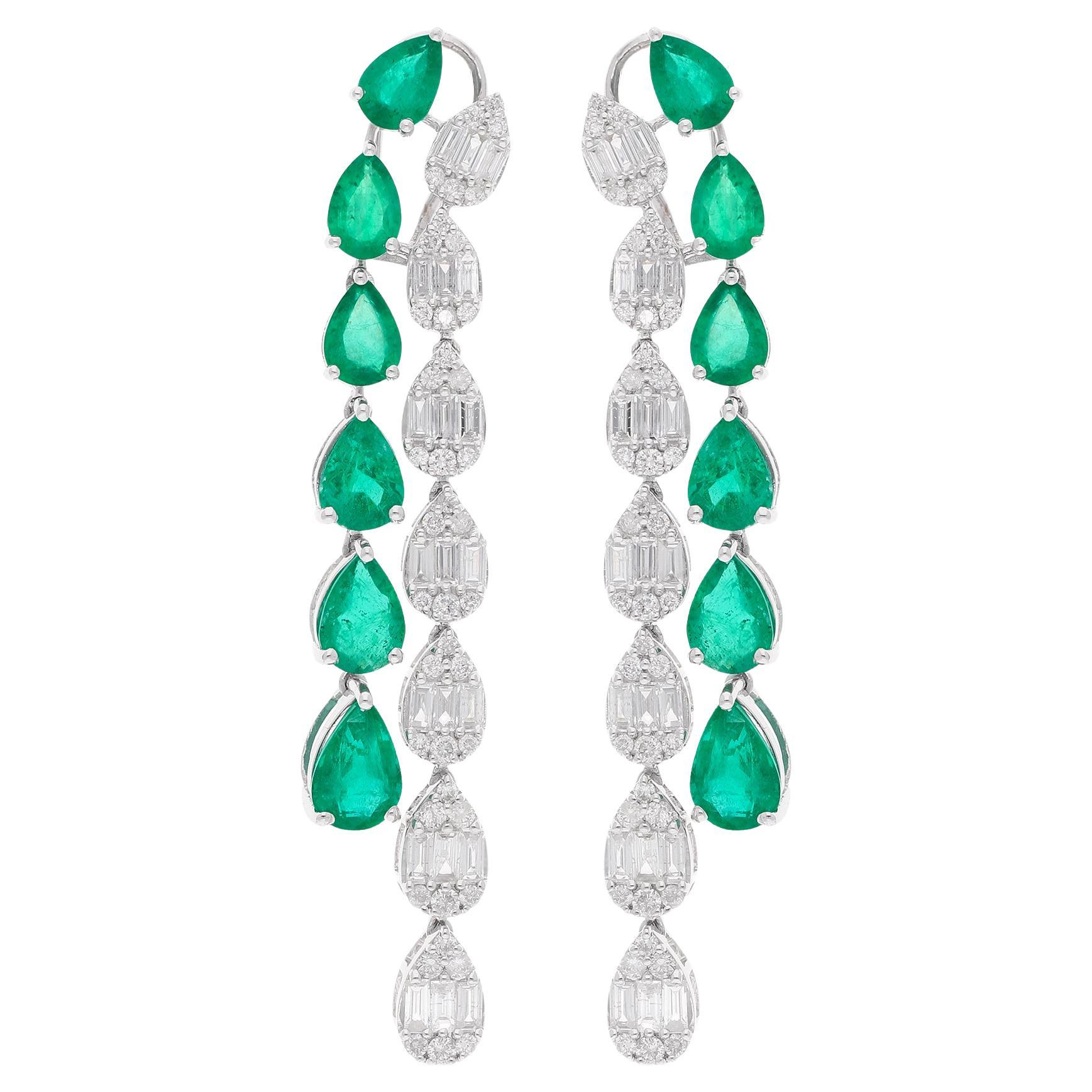 Pear Shape 13.06Tcw Zambian Emerald Diamond Dangle Drop Earrings 18K White Gold In New Condition For Sale In Diera, Dubai