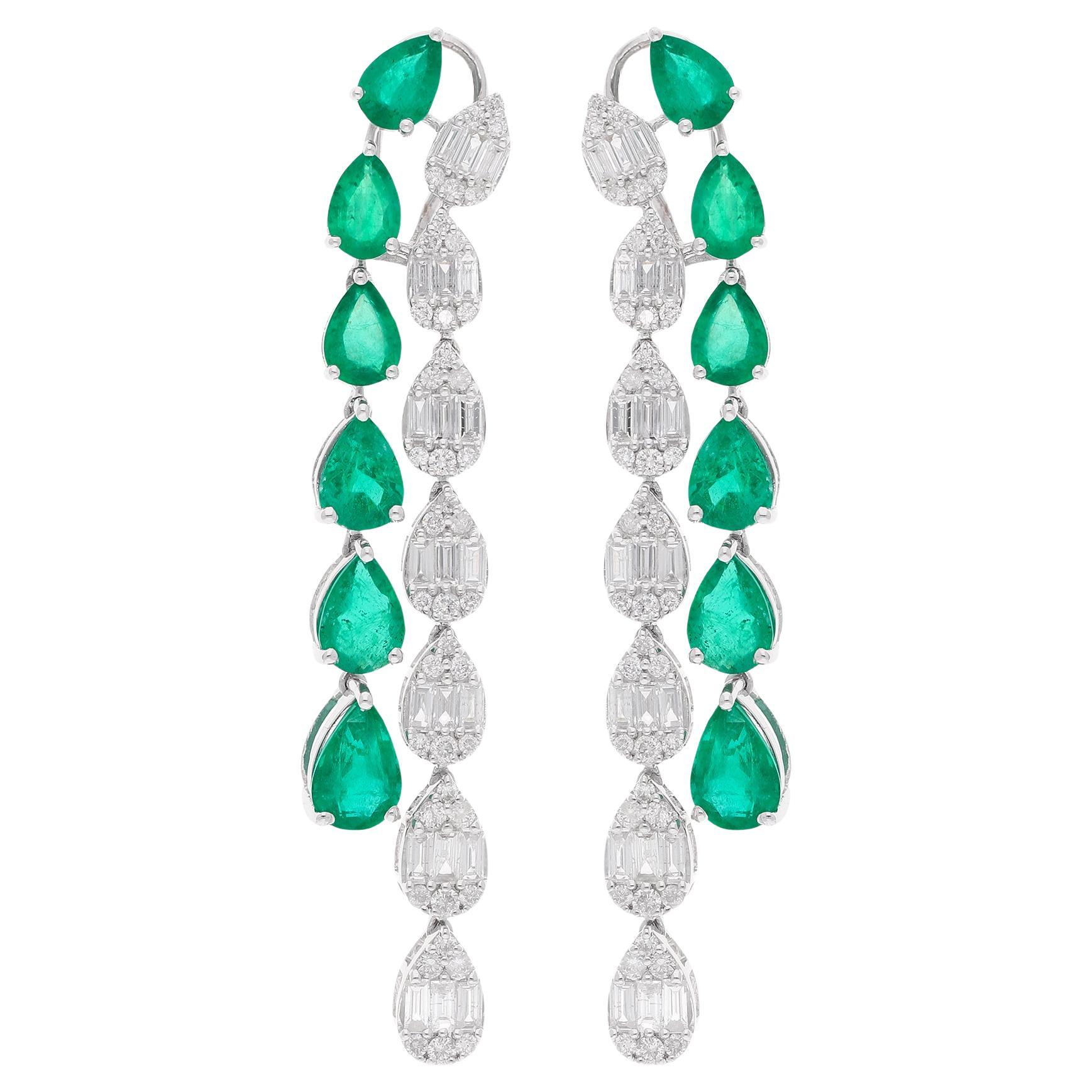 Pear Shape 13.06Tcw Zambian Emerald Diamond Dangle Drop Earrings 18K White Gold