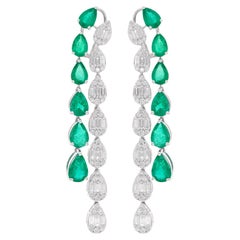 Pear Shape 13.06Tcw Zambian Emerald Diamond Dangle Drop Earrings 18K White Gold