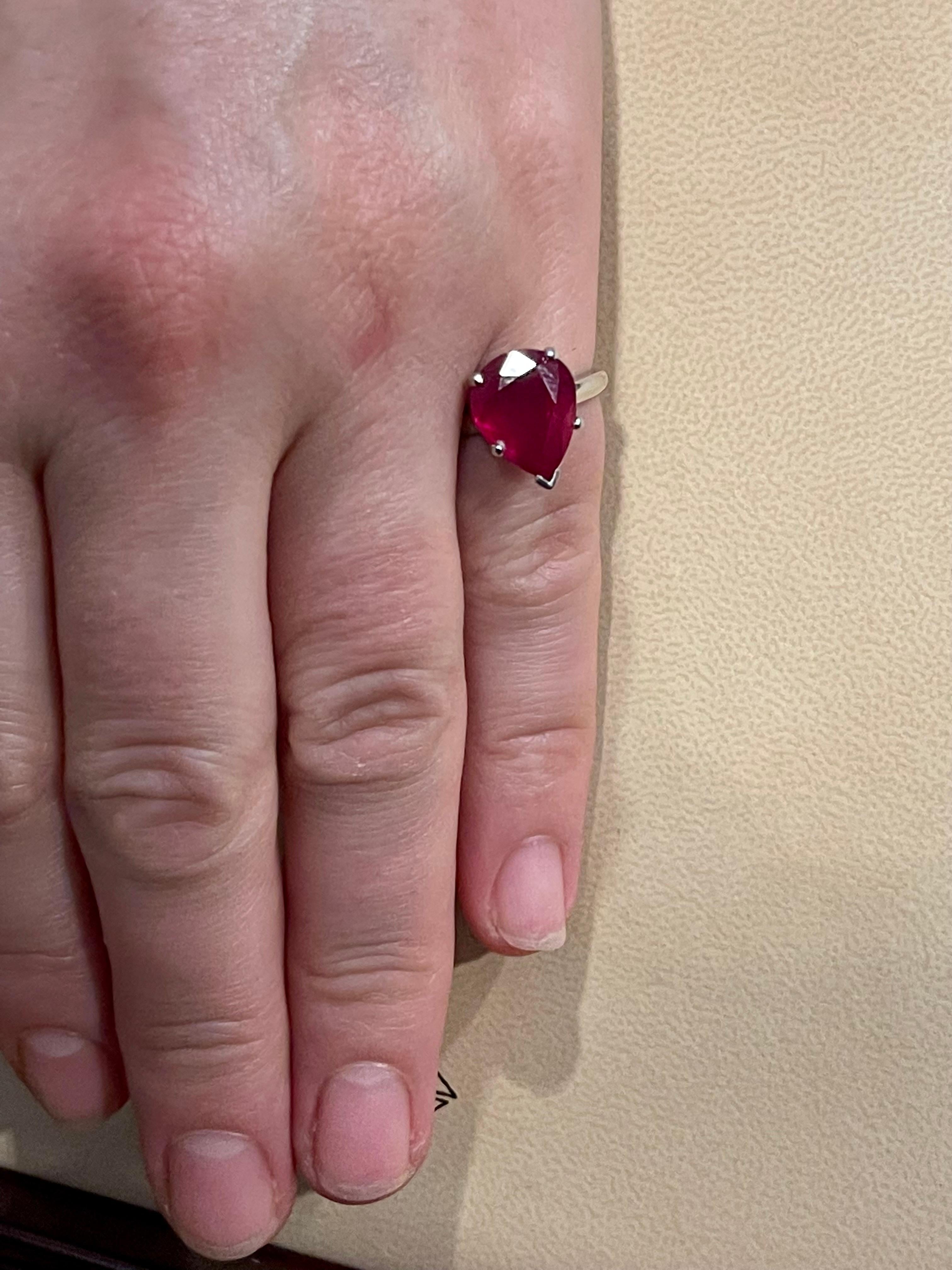 Pear Shape 2 Carat Treated Ruby & Diamond 14 Karat White Gold Ring For Sale 9
