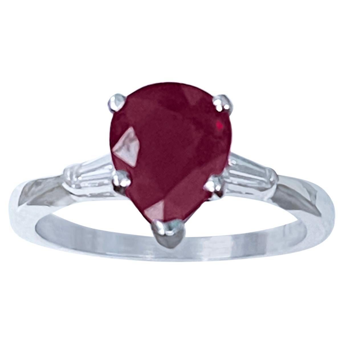 Pear Shape 2 Carat Treated Ruby & Diamond 14 Karat White Gold Ring For Sale