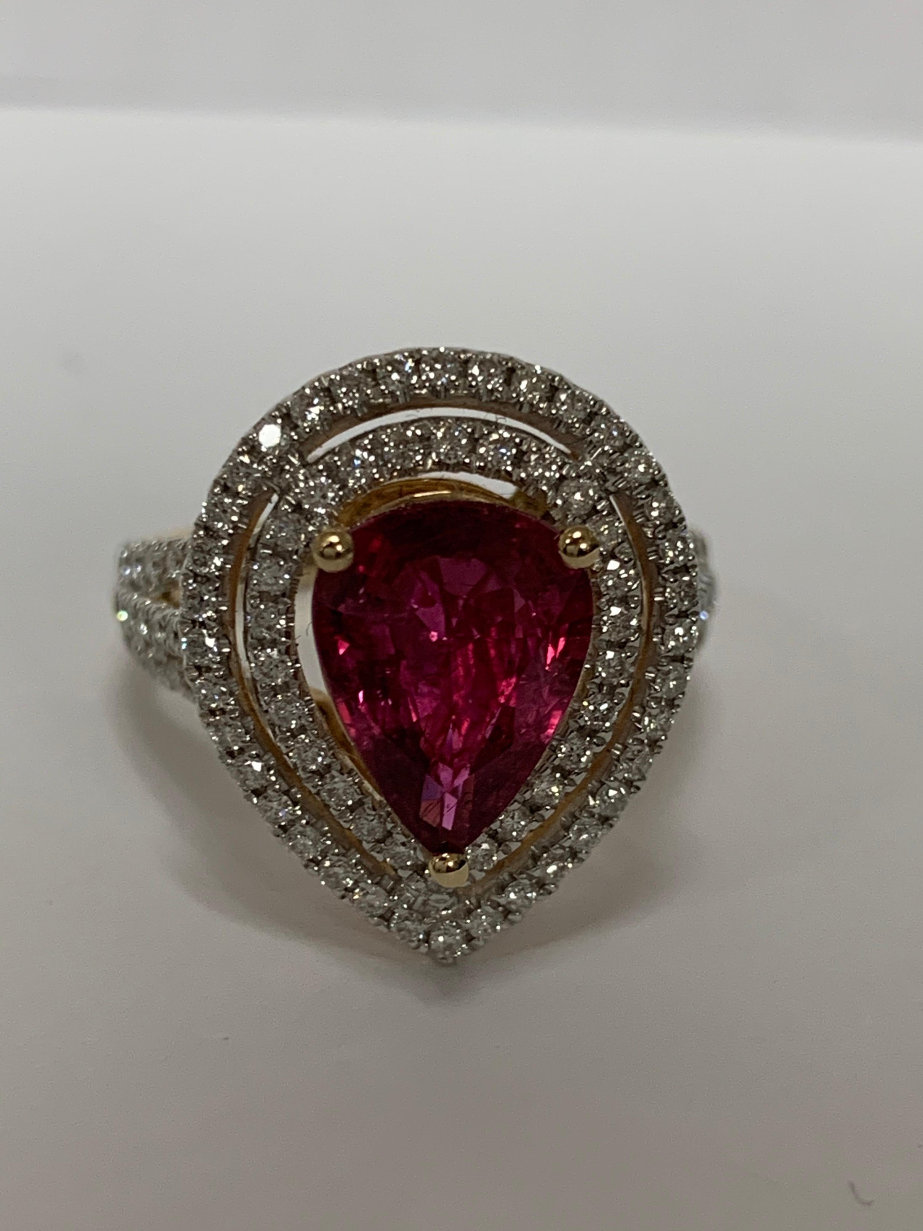 Pear Cut Pear Shape 2.55 Carat Ruby and Diamond Ring