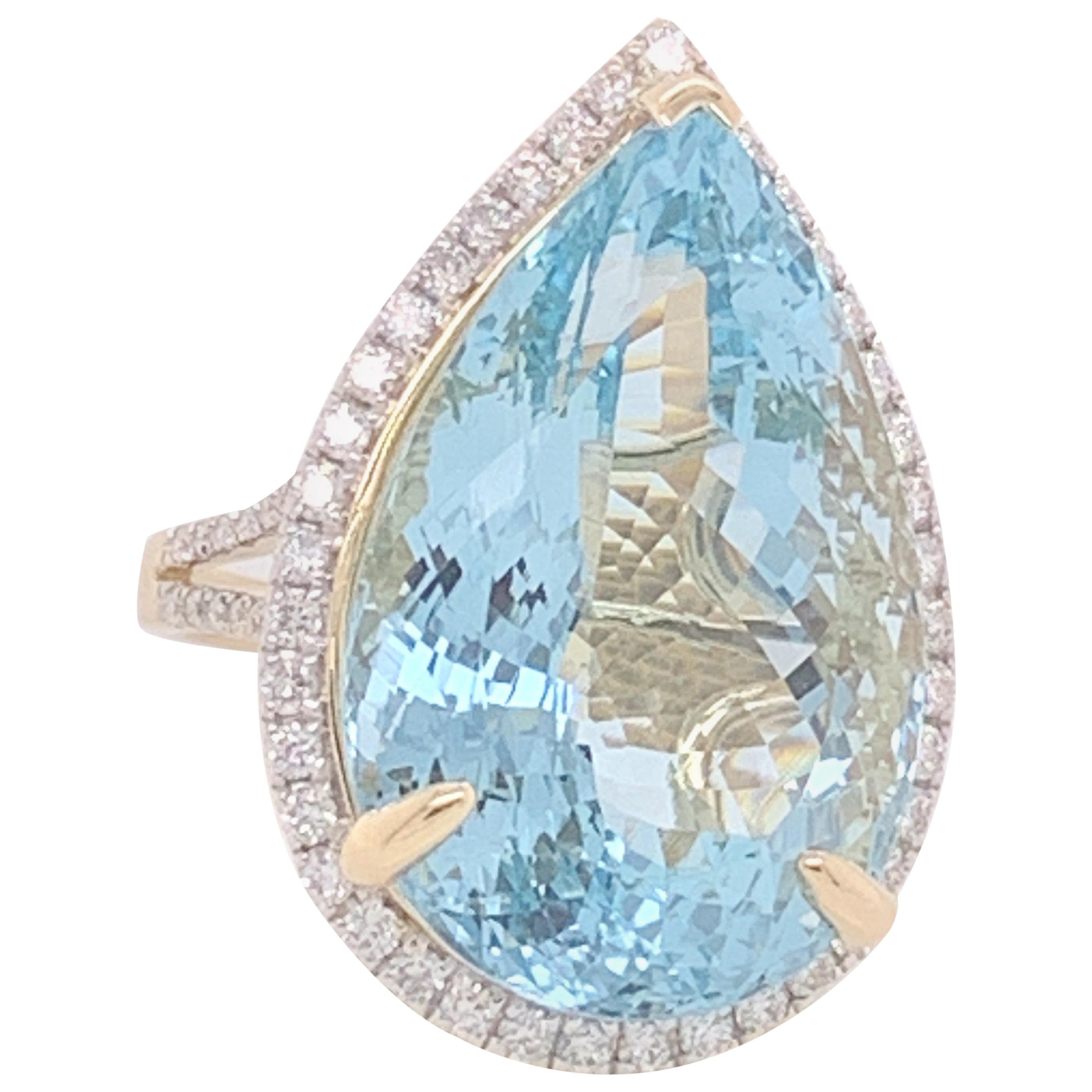 Pear Shape 26.71 Carat Aquamarine and Diamond Ring
