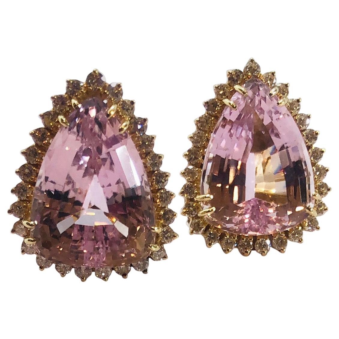 Pear Shape 30 Carat Kunzite and Diamonds 18 Karat Yellow Gold Earrings
