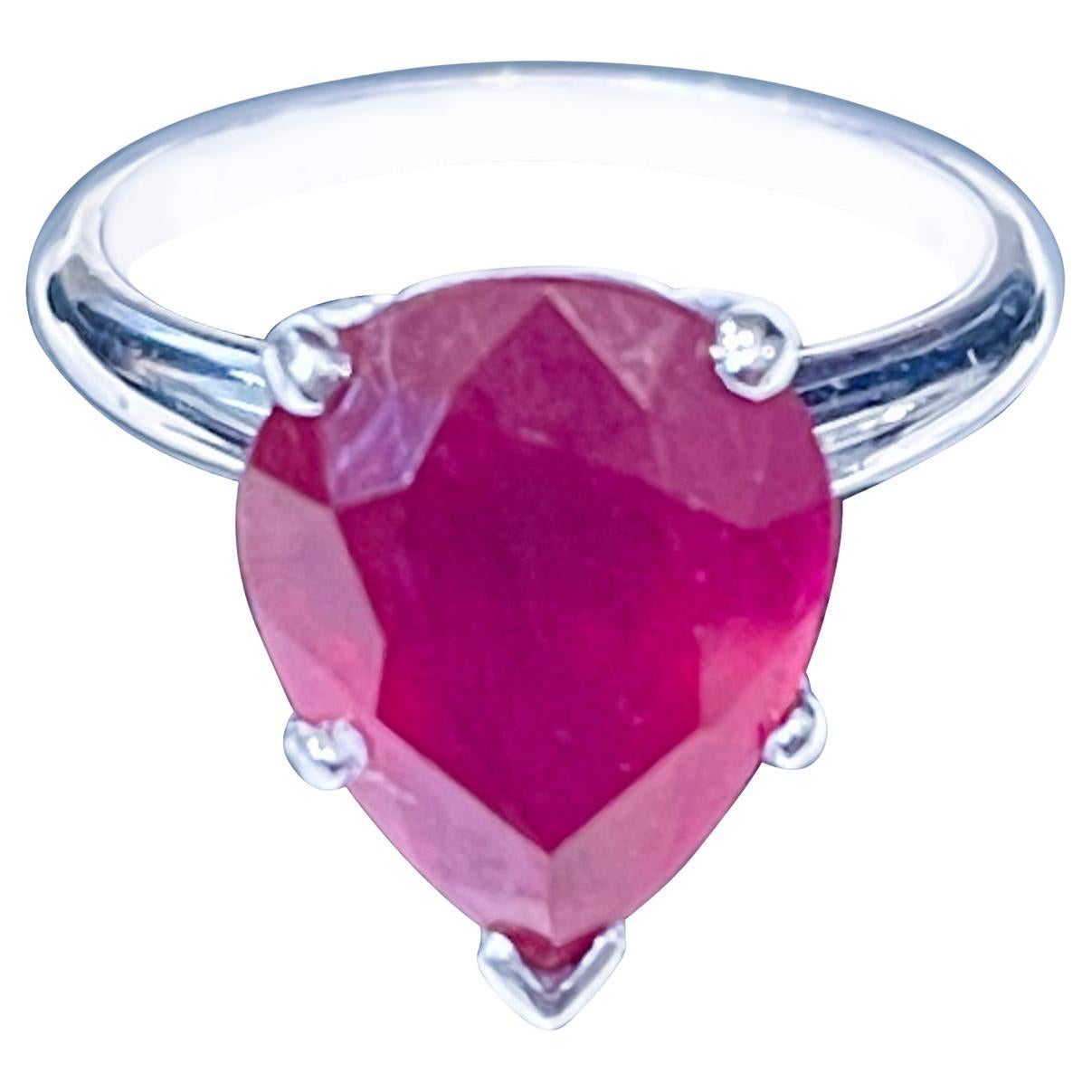Pear Shape 4.5 Carat Treated Ruby 14 Karat White Gold Ring For Sale