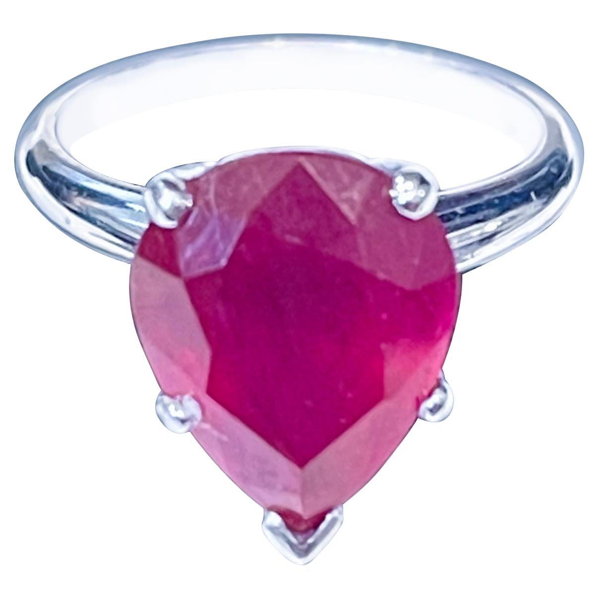 Pear Shape 4.5 Carat Treated Ruby 14 Karat White Gold Ring