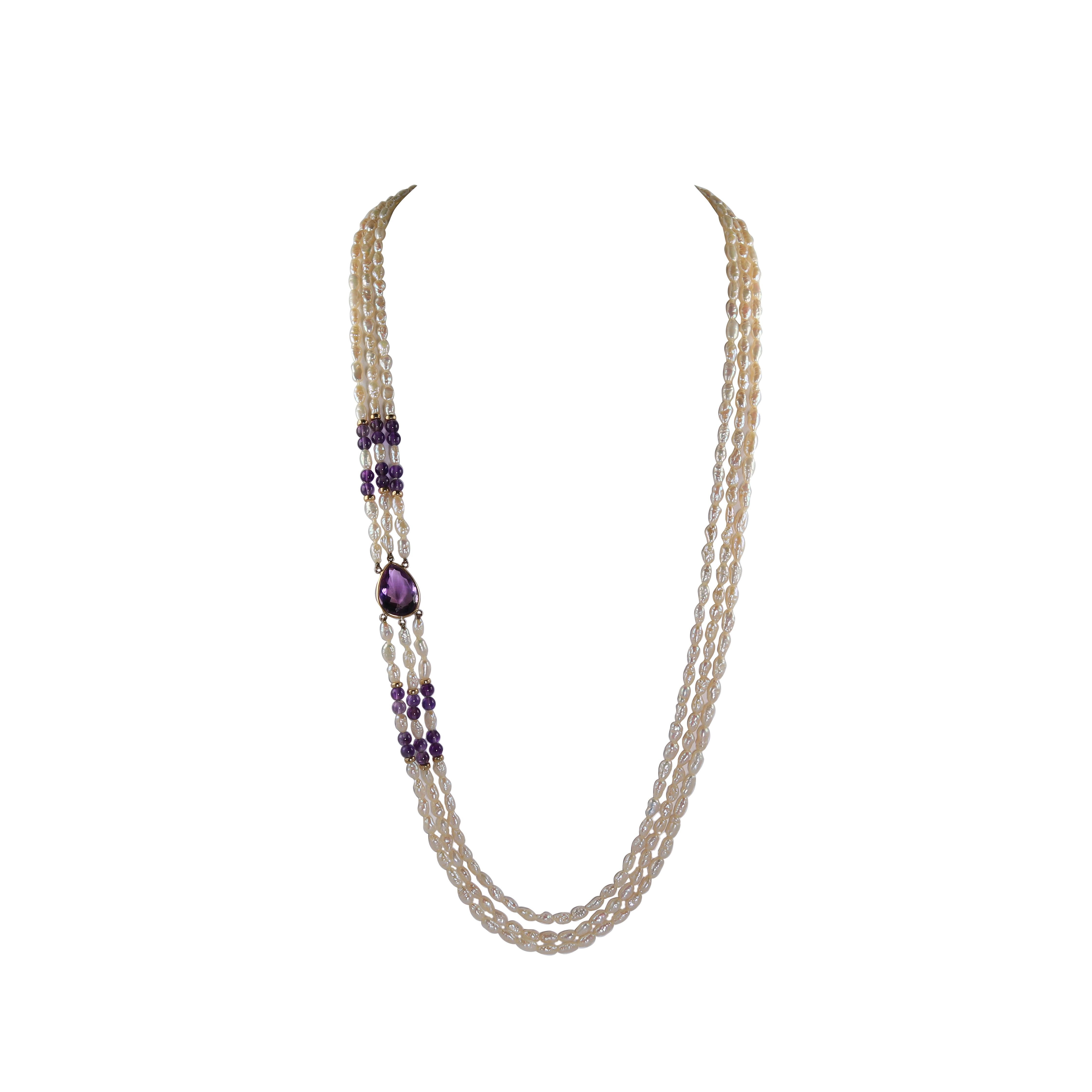 Taglio a goccia Collana di perle d'acqua dolce d'ametista a forma di pera da 14 carati in vendita