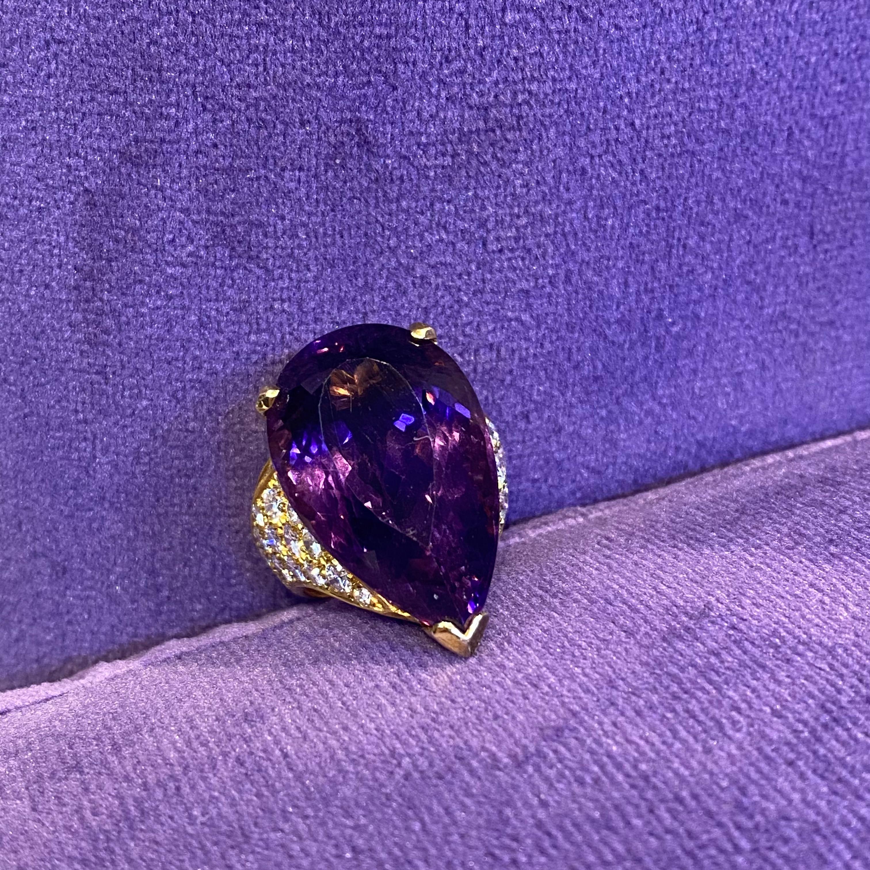 Women's Pear Shape Amethyst and Diamond Cocktail Ring  For Sale