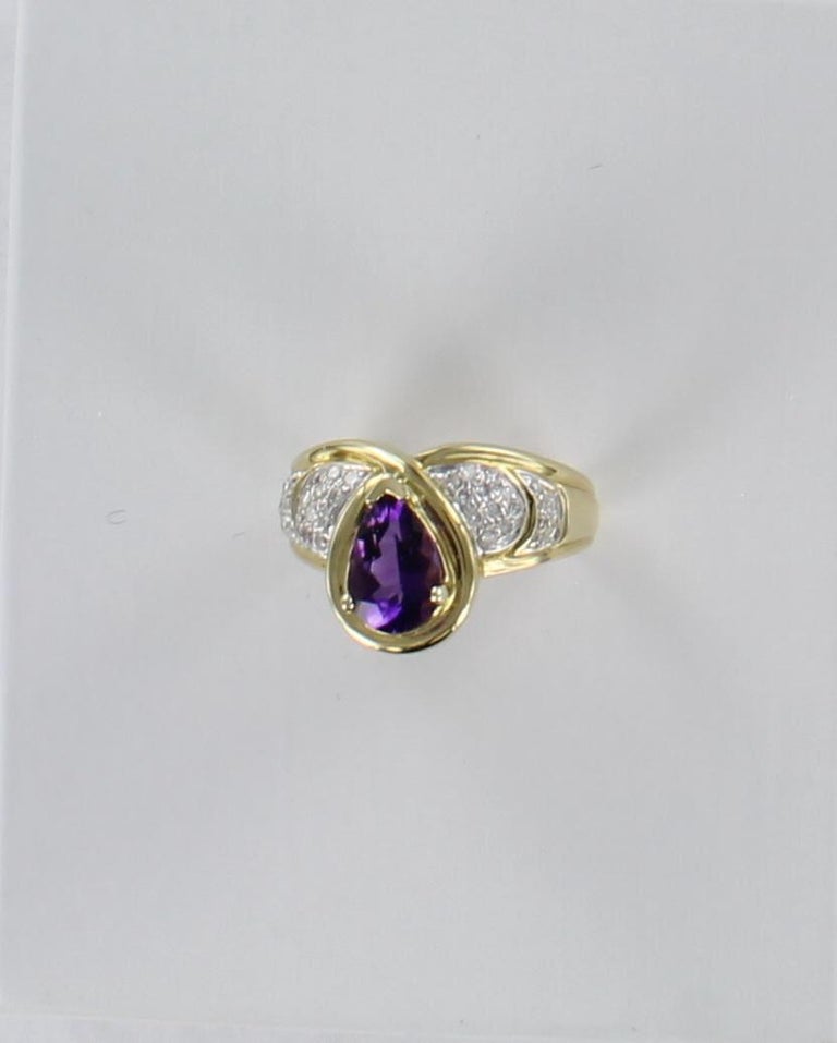 Pear Shape Amethyst and Diamond Ring in 14 Karat Yellow Gold at 1stDibs