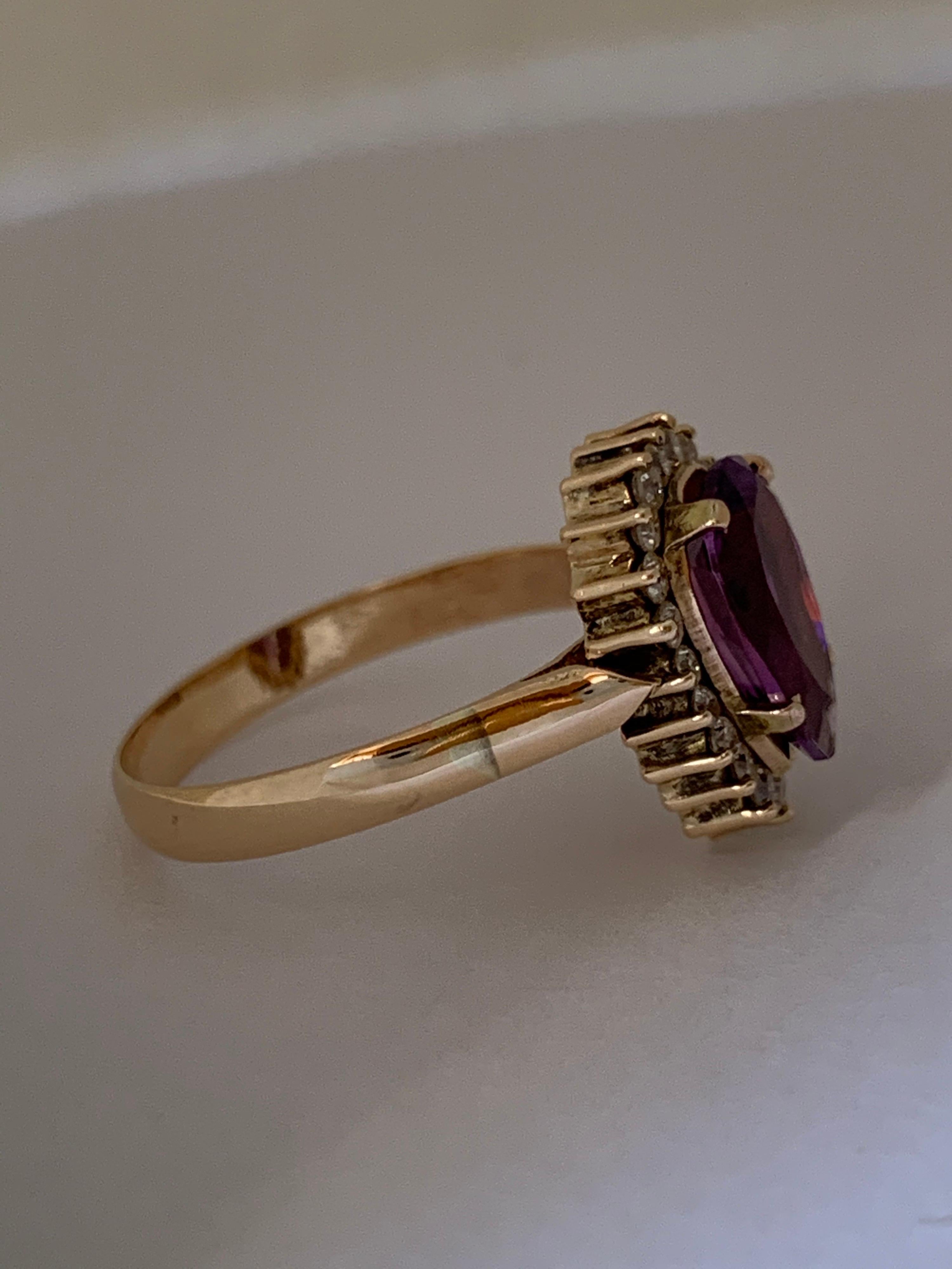 Artisan Pear Shape Amethyst and Diamond 14 Carat Gold Ring For Sale