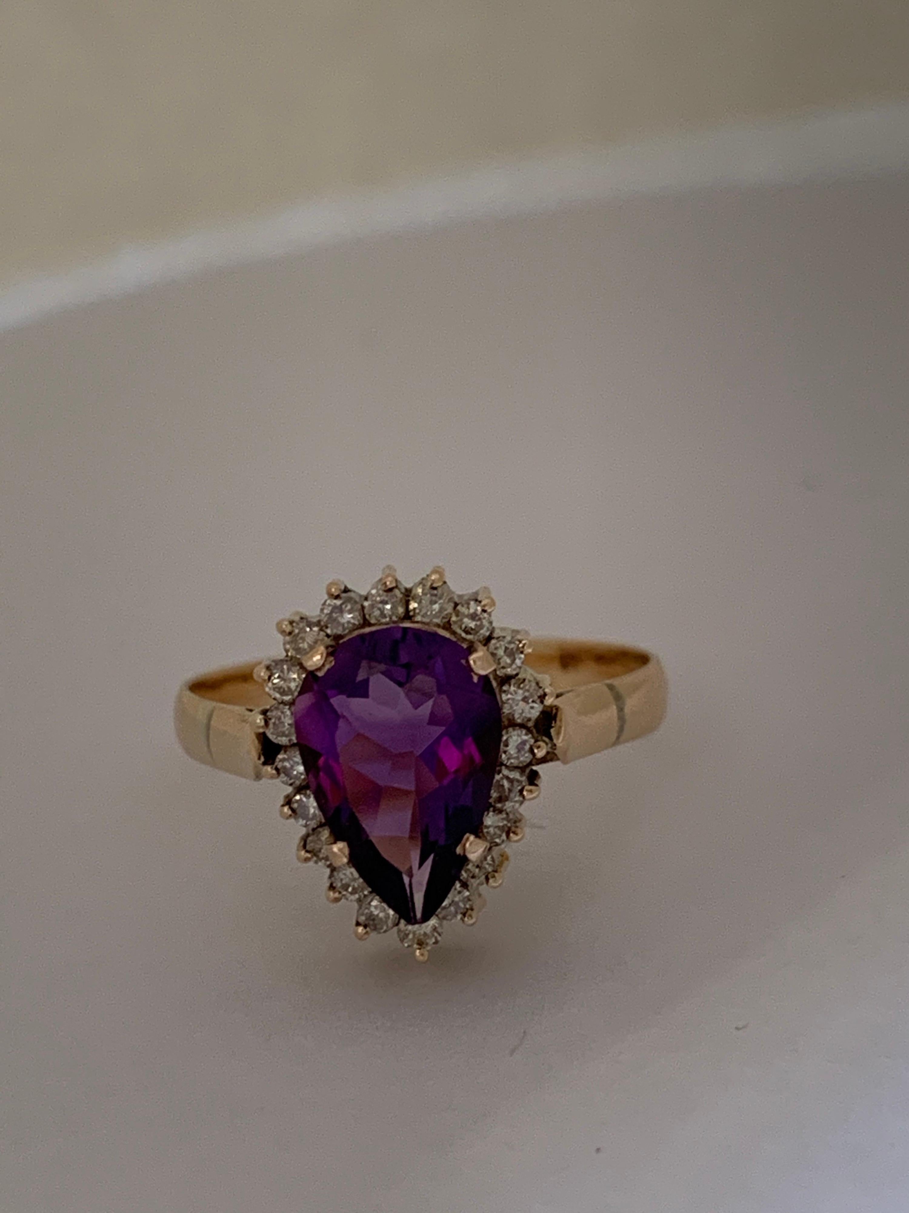 Pear Cut Pear Shape Amethyst and Diamond 14 Carat Gold Ring For Sale