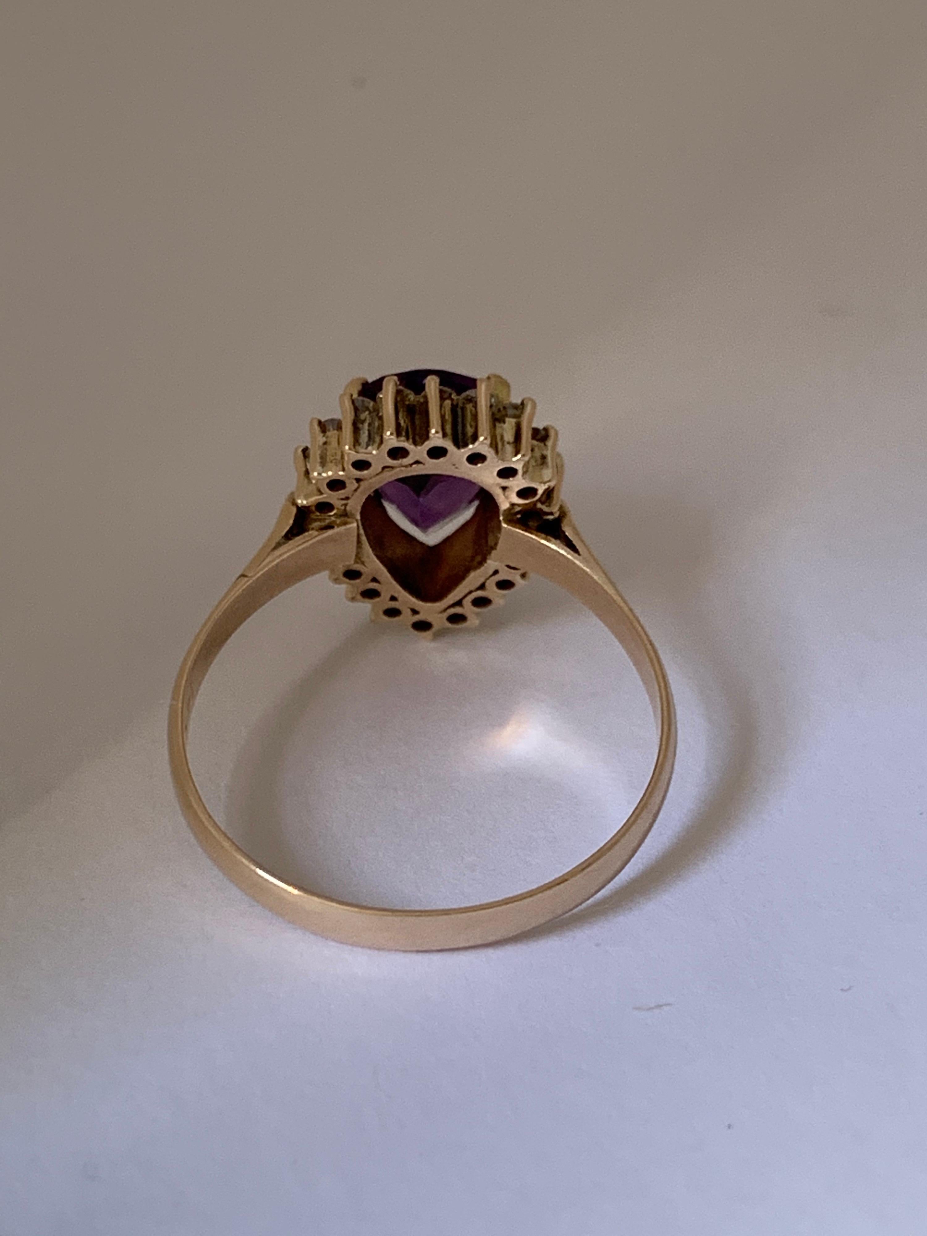 Women's Pear Shape Amethyst and Diamond 14 Carat Gold Ring For Sale