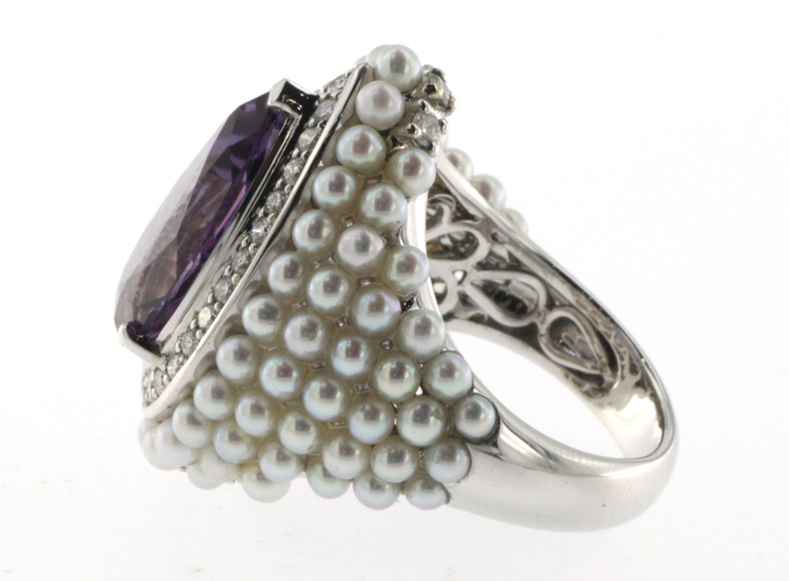 Contemporary Pear Shape Amethyst Diamond Pearl Cocktail Ring with 14K White Gold For Sale